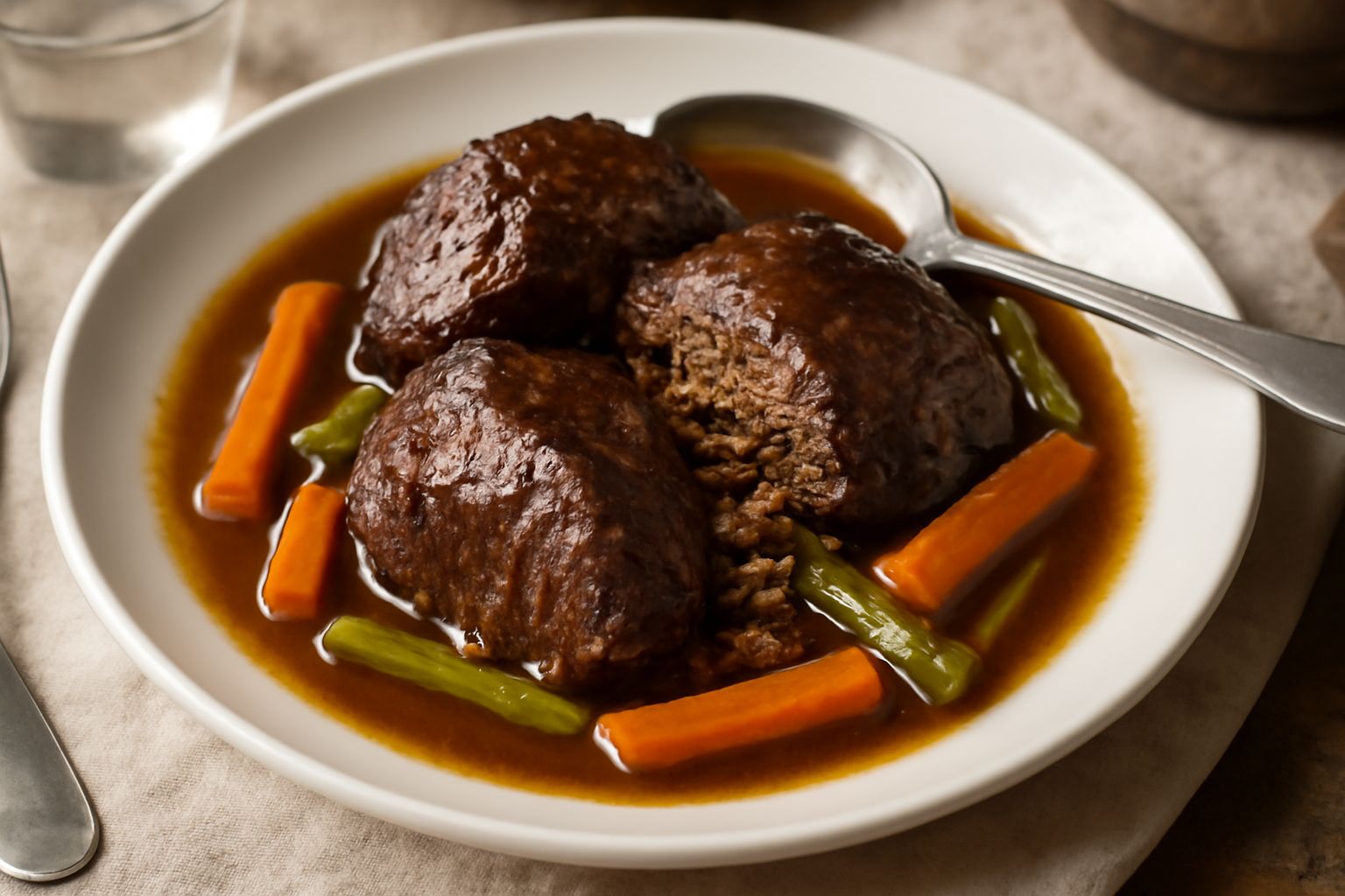 Piatto bianco con guancia di manzo brasata, carne scura e morbida, circondata da un brodo ristretto colore marrone scuro, decorata con carota affettata e prezzemolo fresco