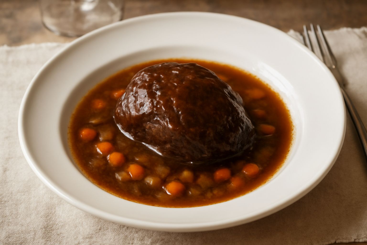 Guancia di manzo brasata intera, marrone scuro e lucida, su un piatto bianco con salsa di brasatura densa, contornata da carote e sedano cotti, con cucchiaio d'argento accanto e vapore tenue