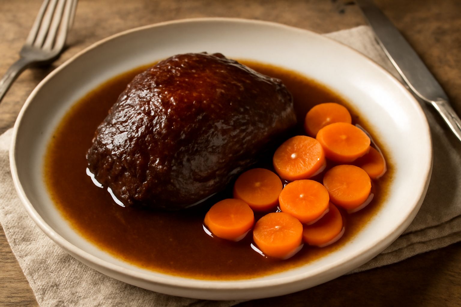 Guancia di manzo in umido in un piatto fondo bianco, circondata da verdure morbide come carote tagliate a rondelle e cipolle caramellate, nel brodo color nocciola, decorata con prezzemolo fresco