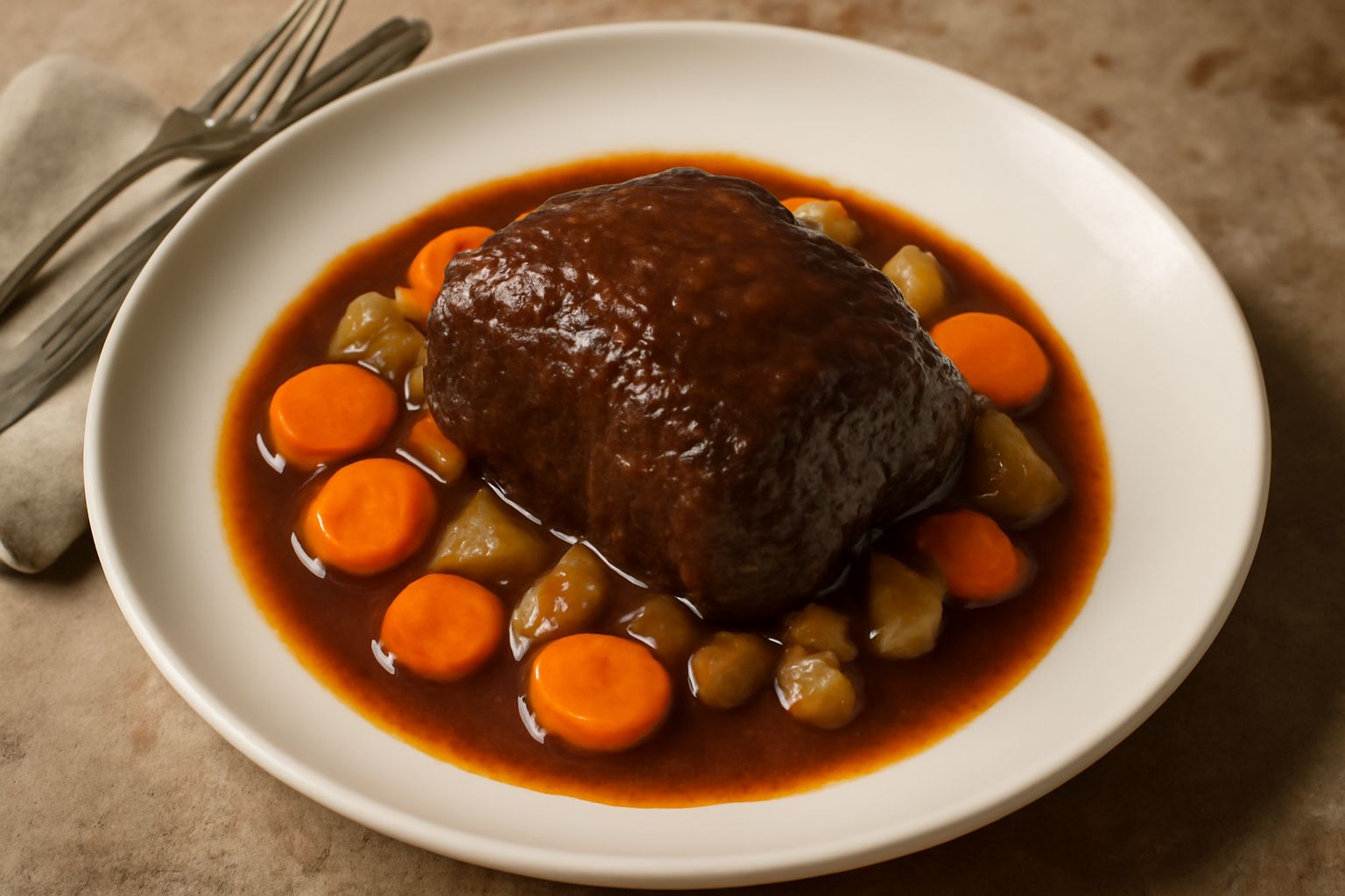 Guancia di manzo stufata in un piatto bianco, carne scura e tenera circondata da salsa marrone scura, carote tagliate e sedano, guarnizione di prezzemolo fresco