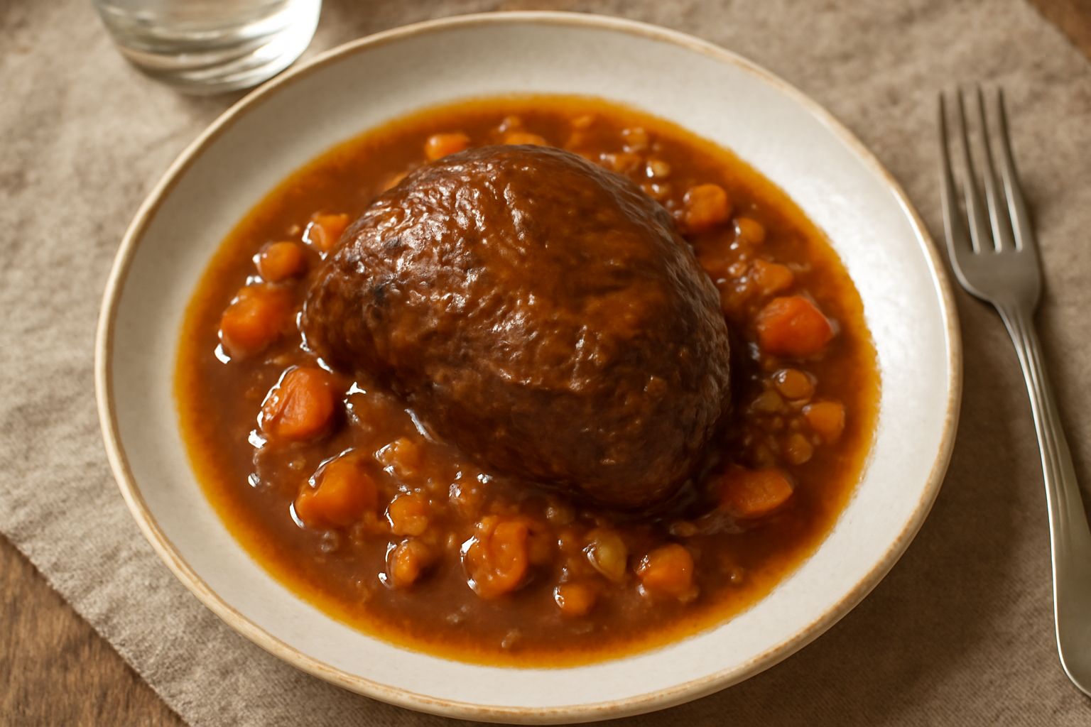 Un piatto bianco con guancia di vitella in umido color marrone scuro, circondata da salsa densa e lucida, guarnita con prezzemolo fresco, accompagnata da contorno di purè di patate o polenta