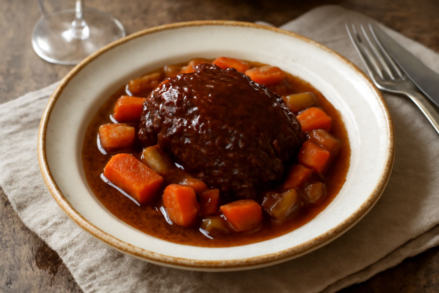 Piatto bianco con guancia di vitello in umido, carne marrone scuro e tenera immersa in salsa ricca, contorno di carote e sedano, vapore leggero visibile, decorazione di prezzemolo fresco