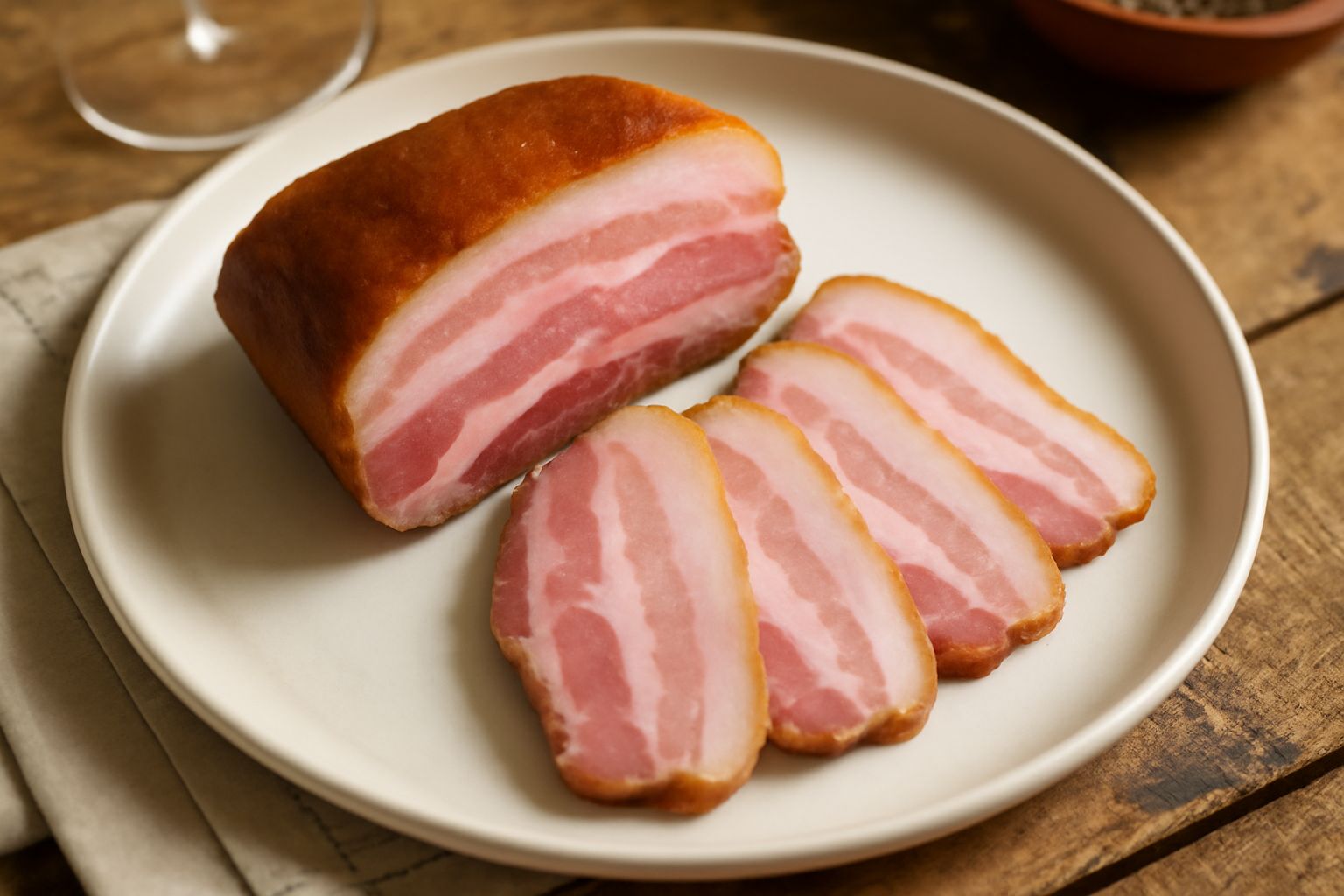 Guanciale affumicato affettato sottile, di colore rosa antico e marmorizzato di grasso bianco, disposto su piatto di ceramica bianca con sfondo rustico di legno scuro