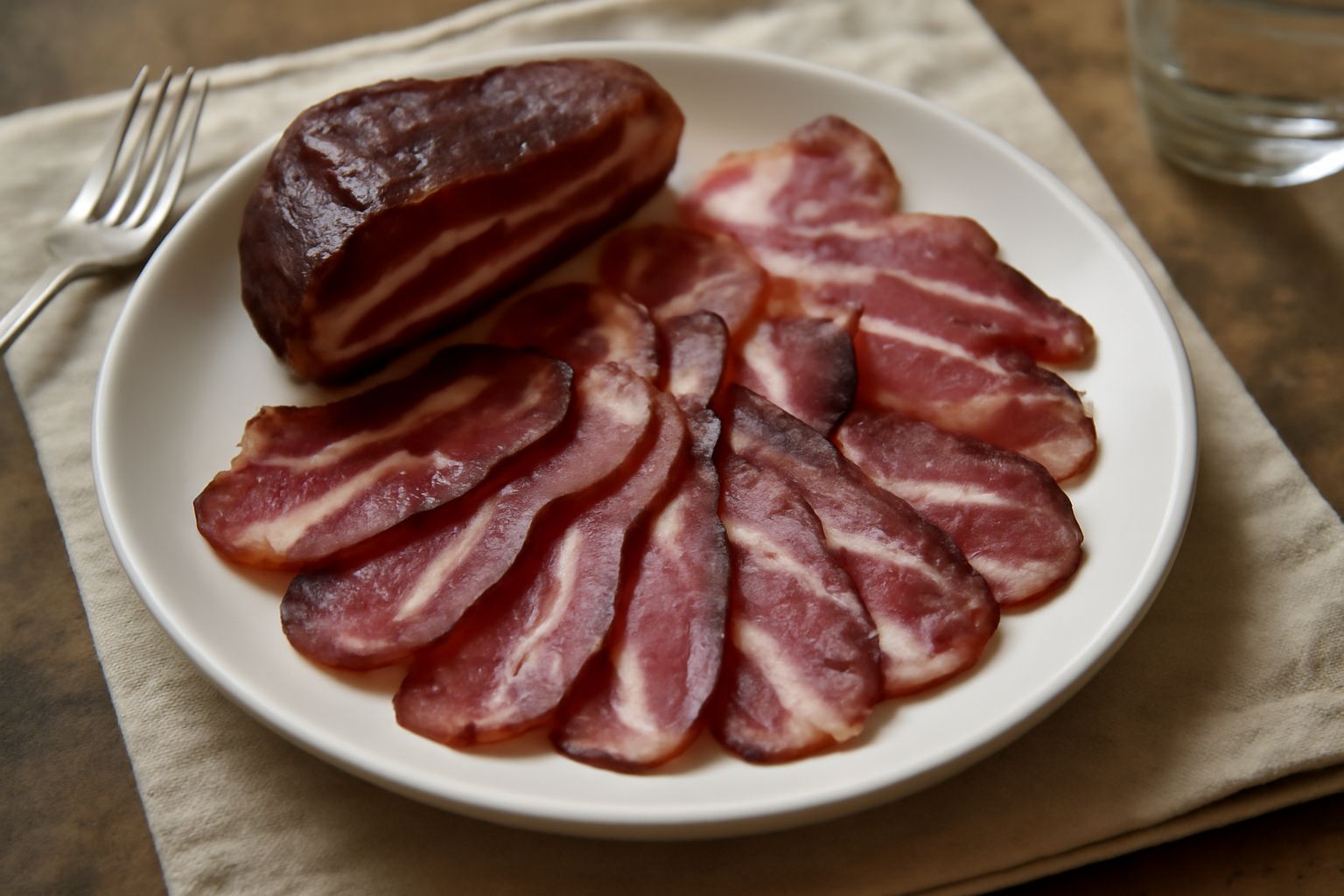 Fette di guanciale affumicatu appena tagliate, dal colore rosso scuro con striature di grasso bianco e marezzature scure dell'affumicatura, adagiate su una tagliere di legno