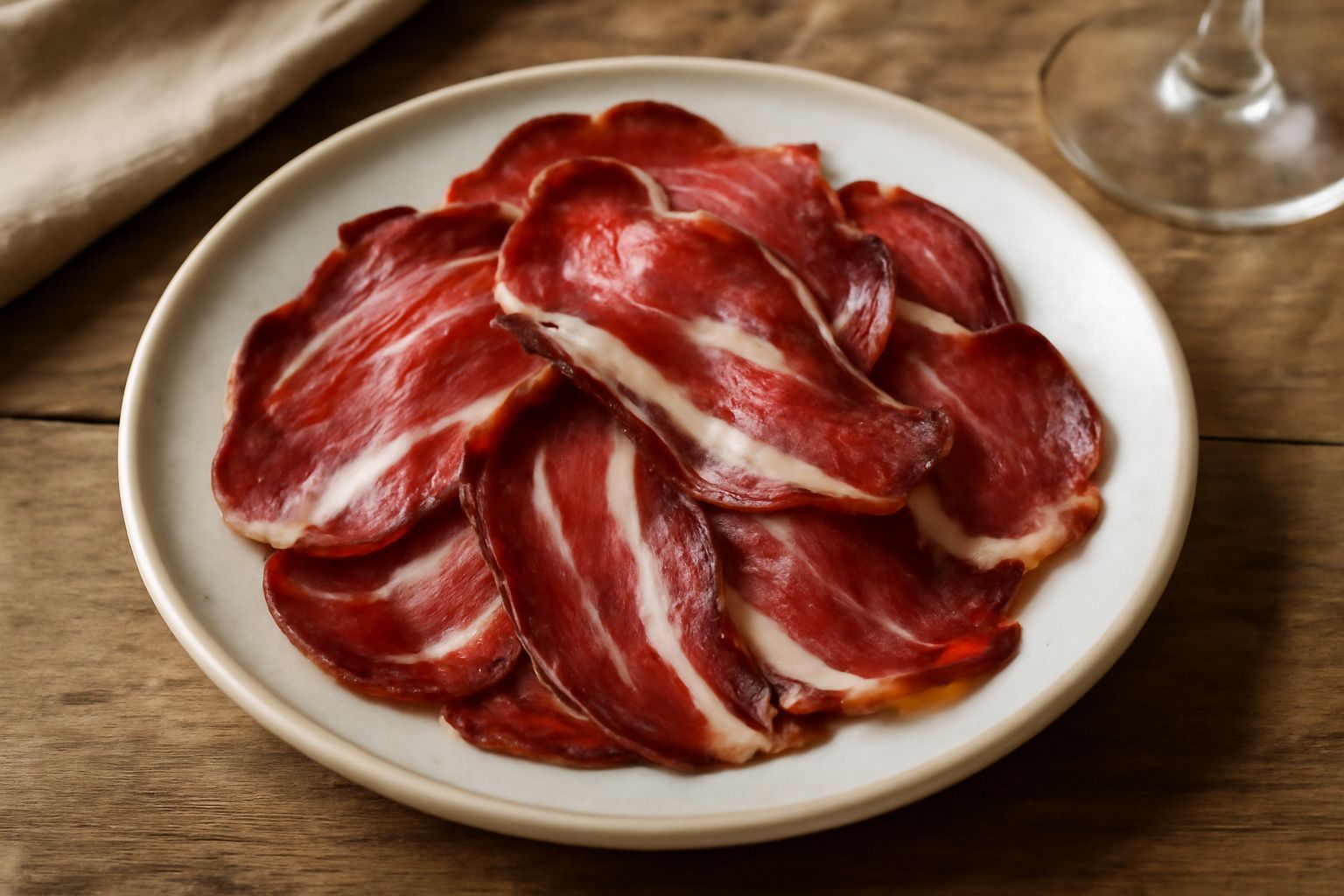 Fette di guanciale bresciano affumicato, color rosso scuro con striature di grasso bianco, disposte a ventaglio su un piatto bianco con contorno di pane tostato e olive