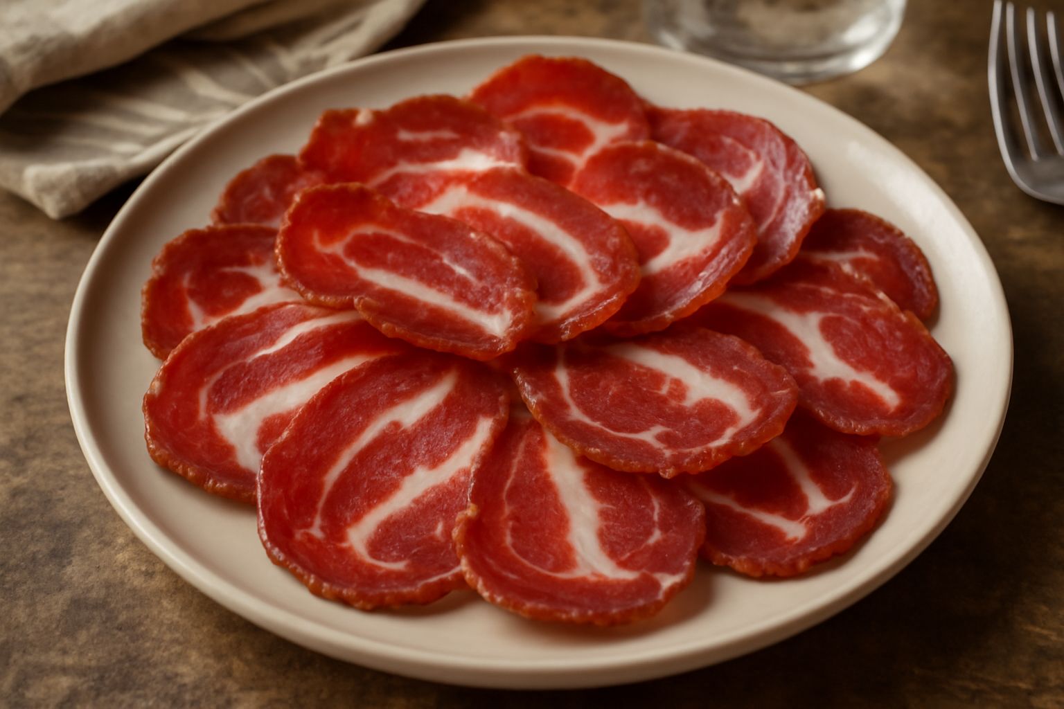 Fette di guanciale calabrese disposte su un piatto bianco, color rosso intenso con venature di grasso, sfondo scuro neutro, illuminazione naturale laterale