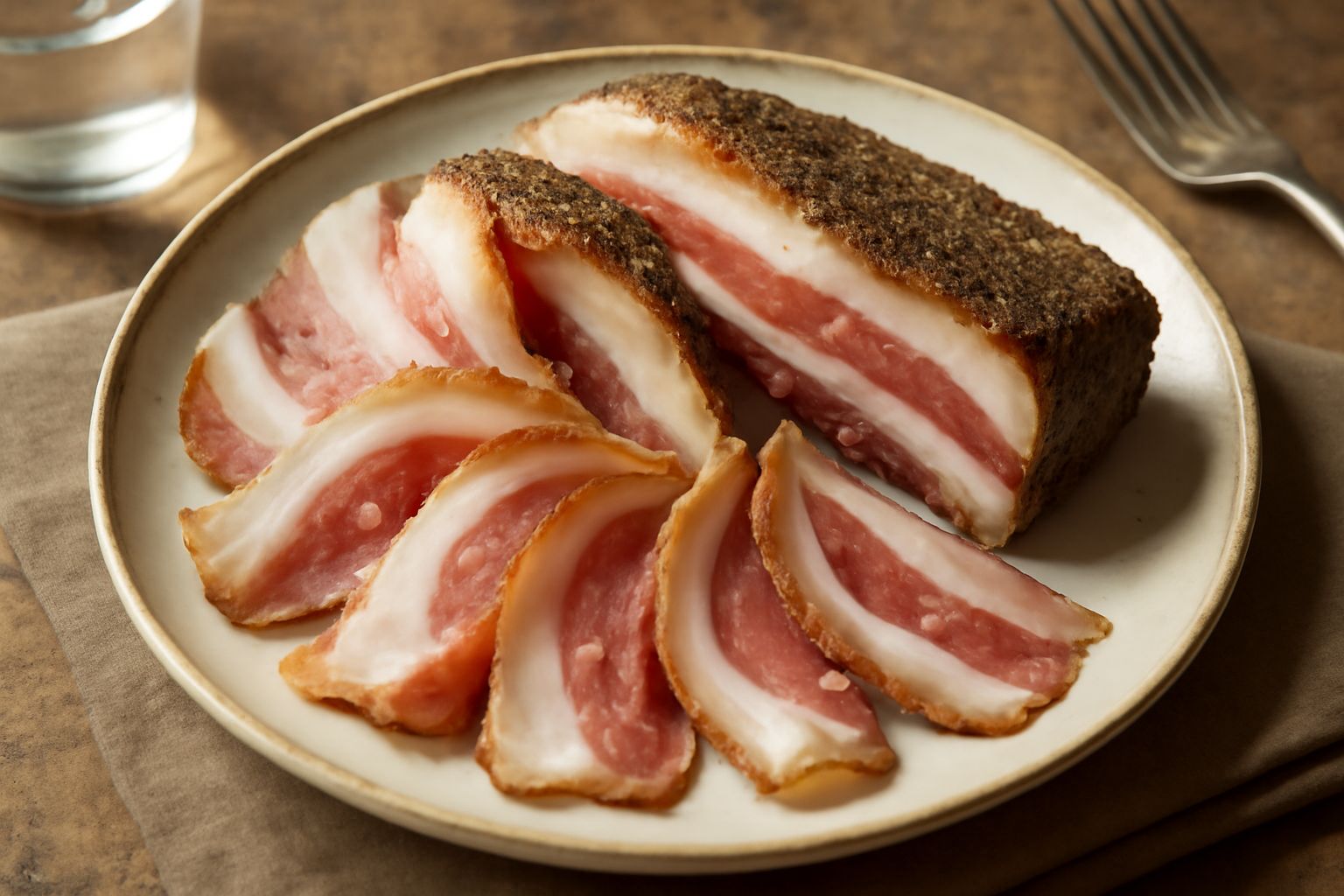 Fette sottili di guanciale color rosa e bianco marmorizzato, disposte a ventaglio su un piatto di ceramica bianca, con contorno di rosmarino fresco e grani di pepe nero visibili