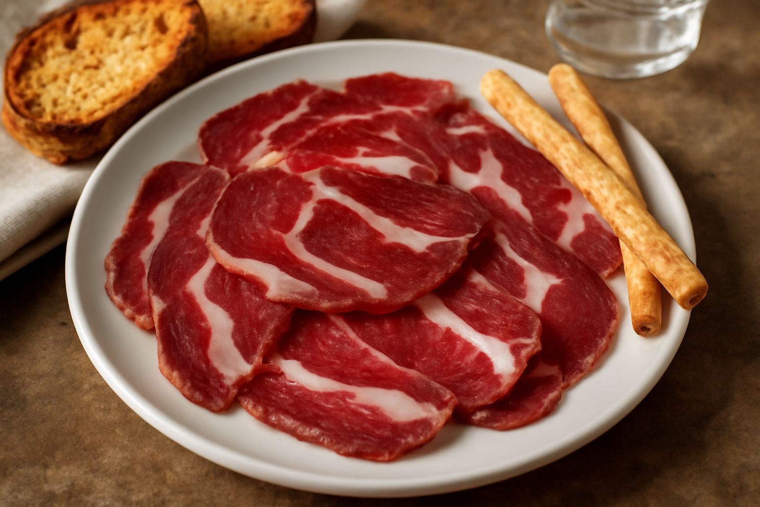 Fette sottili di guanciale crudo disposte a ventaglio su un piatto bianco, colore rosso intenso marmorizzato di grasso bianco, con contorno di pane tostato e un bicchiere di vino rosso