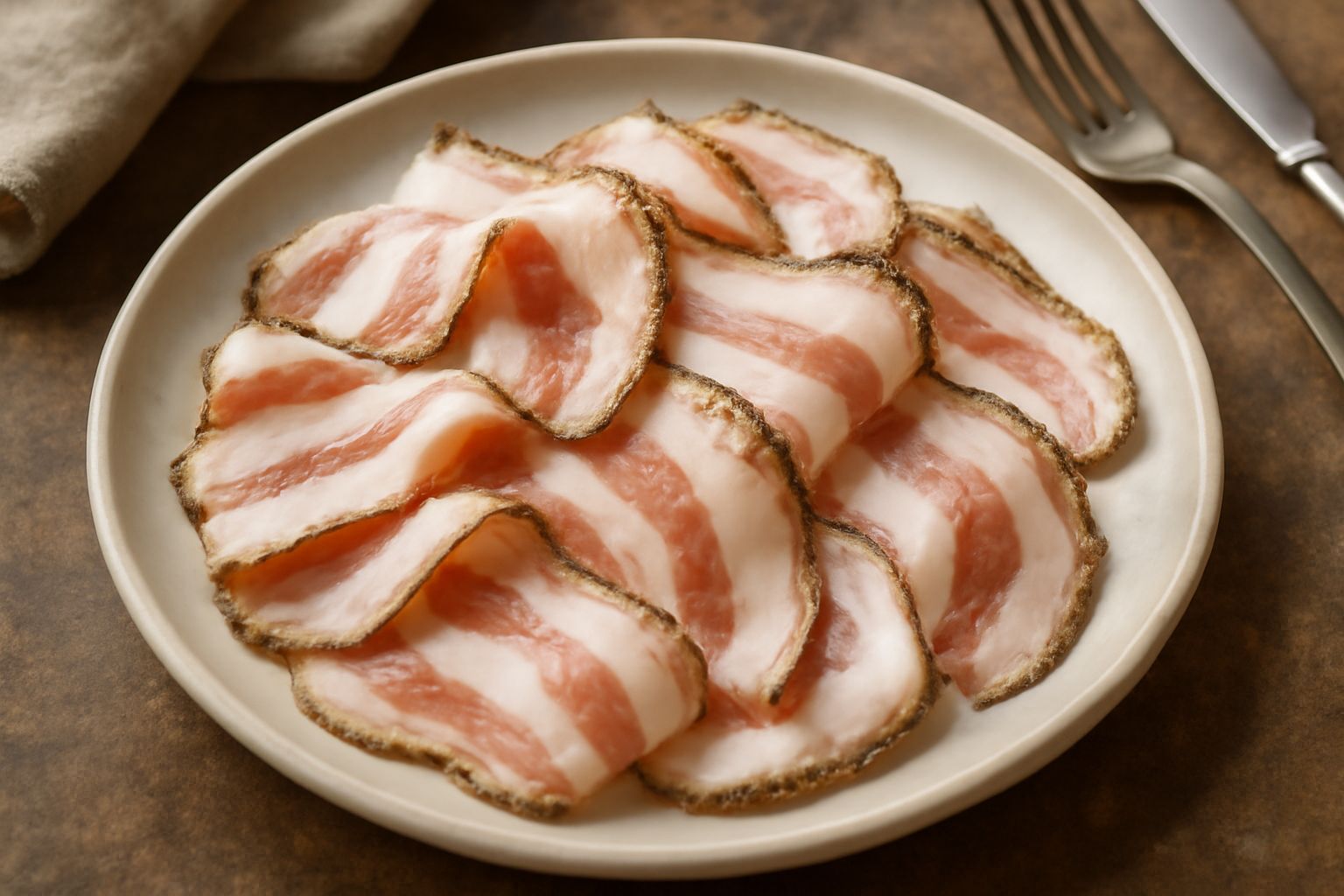 Fette sottili di guanciale crudo affettato disposte a ventaglio su un piatto bianco, con colore rosa perlato e grasso marmorizzato, accanto a pane tostato e un bicchiere di vino rosso