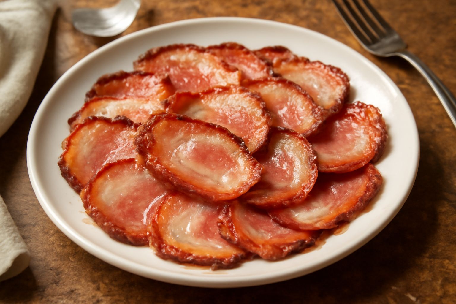 Fette di guanciale d'Aquila dorate e croccanti ai bordi in una padella di ferro scuro, con grasso trasparente che si scioglie, colore rosa-brunastro con riflessi dorati, disposte leggermente sovrappos