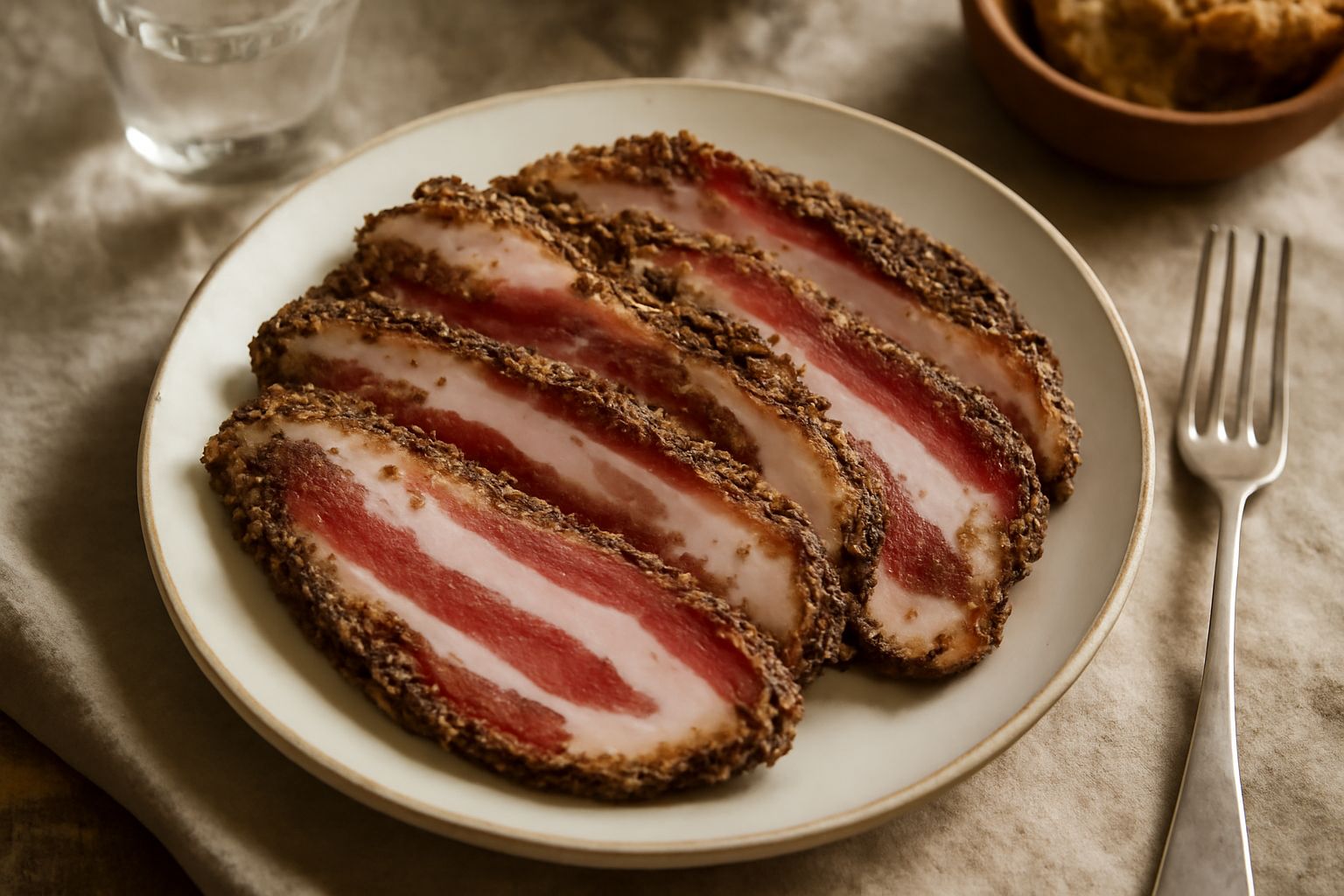 Guanciale dell'Emilia affettato su un tagliere di legno, con fette rosa e bianche, accanto a due chicchi di pepe nero e una foglia di rosmarino fresco