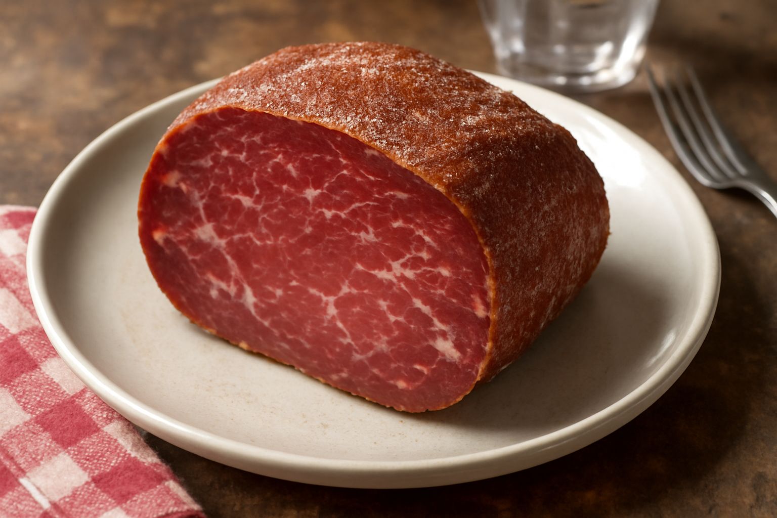 Guanciale di Campobasso affettato su un tagliere di legno, mostrando il colore rosso scuro della carne salata e le venature bianche di grasso, con una cornicetta di erbe aromatiche intorno