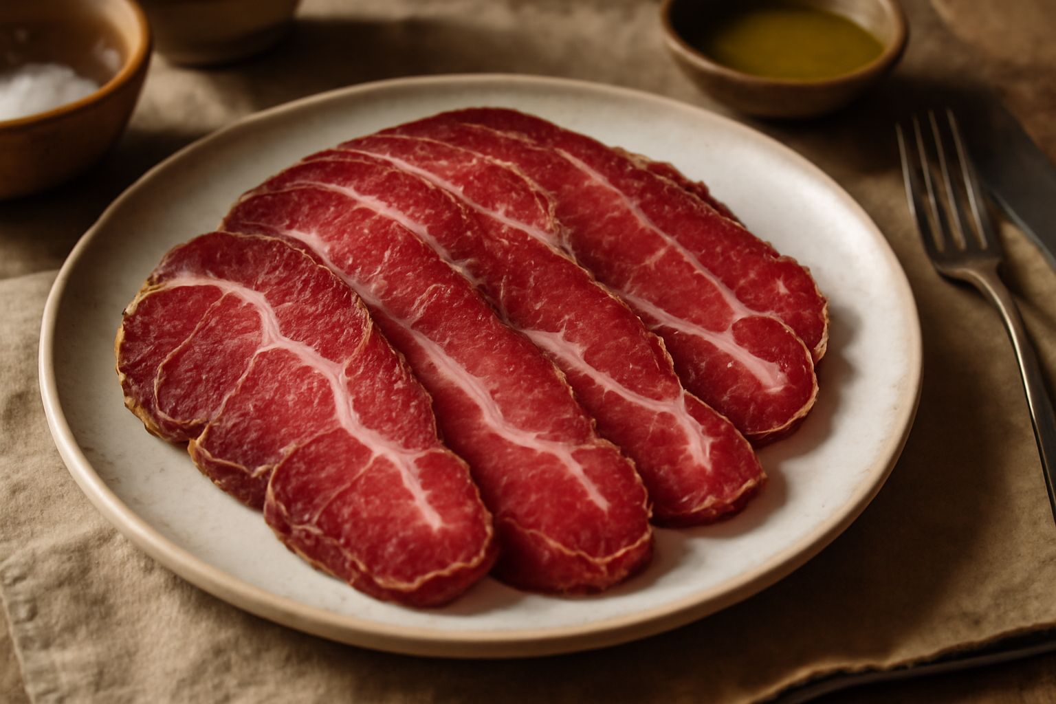 Guanciale di Norcia affettato su un tagliere di legno, fette sottili di colore rosso scuro con striature bianche di grasso, accompagnato da pane toscano e un bicchiere di vino rosso