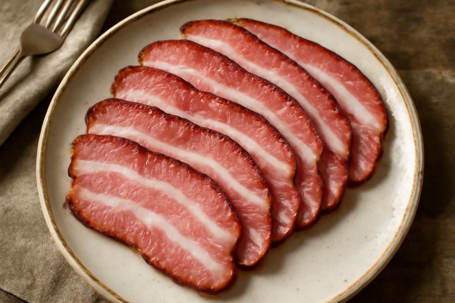 Fette di guanciale di Teramo affettato sottile su un piatto bianco, carne rosata con grasso bianco marezzato, contorno di pane tostato