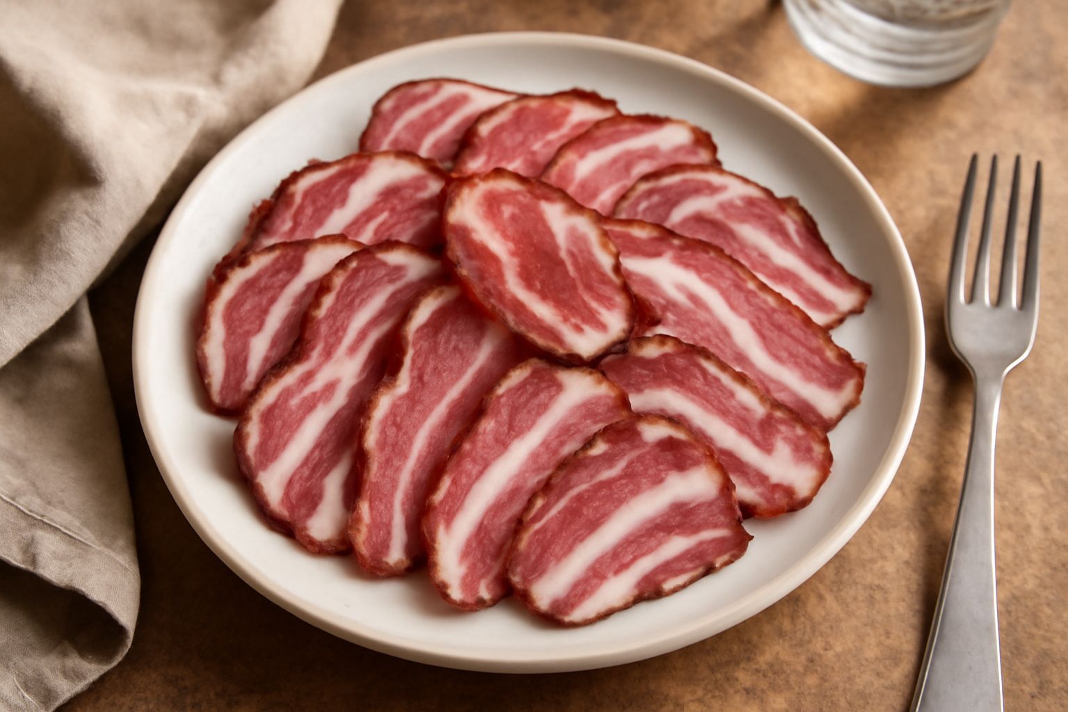 Fette sottili di guanciale friulano disposte a ventaglio su un piatto bianco, colore rosa-scuro con striscie di grasso bianco, accanto a pane tostato e un calice di vino rosso