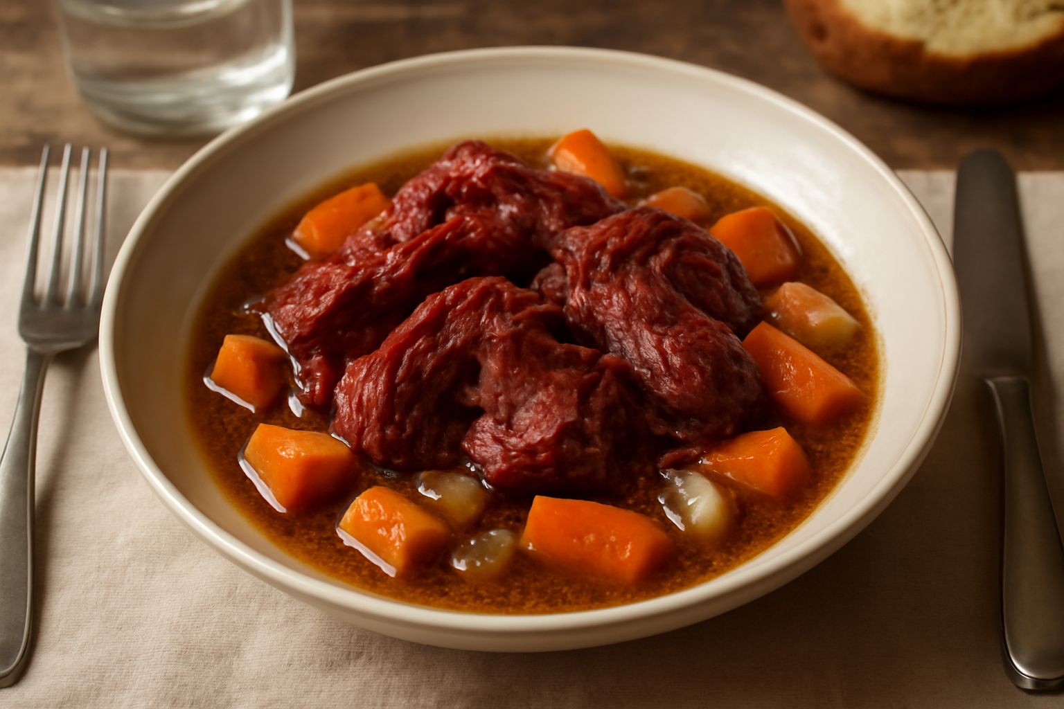 Guanciale in umido servito in piatto bianco fondo, carne rosso scuro e tenera circondata da verdure dorate e brodo ristretto, guarnito con prezzemolo fresco
