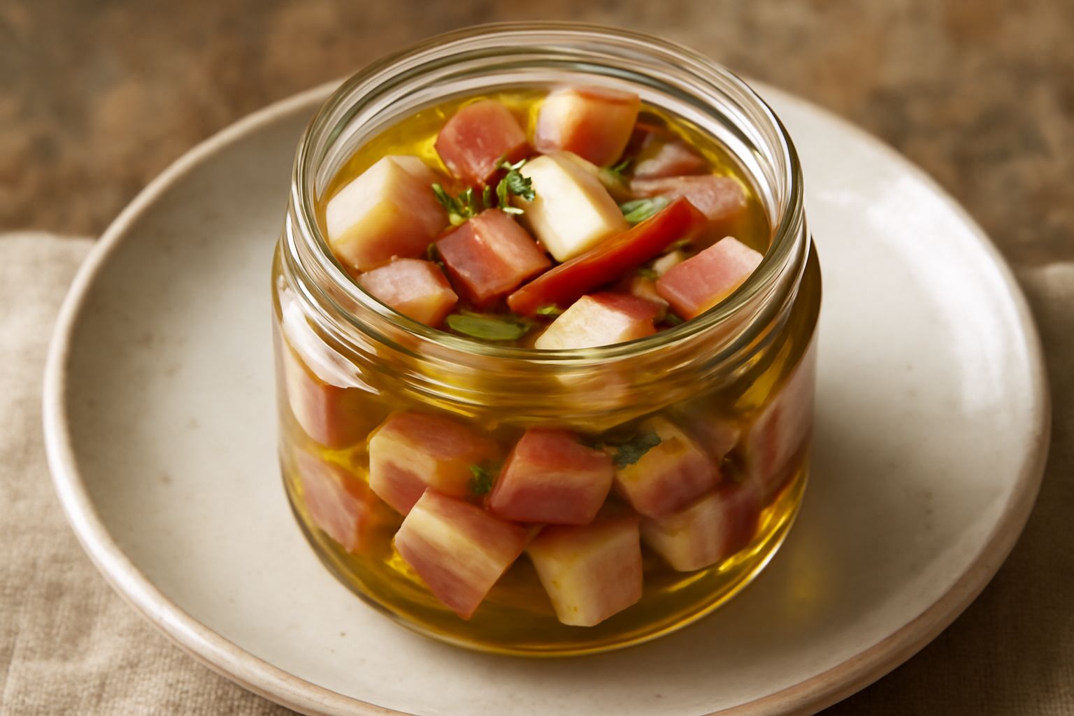 Vasetto di vetro con guanciale in cubetti immerso in olio trasparente e giallo, con visibili rami di rosmarino fresco e spicchi di aglio, su sfondo chiaro con strofinacci beige