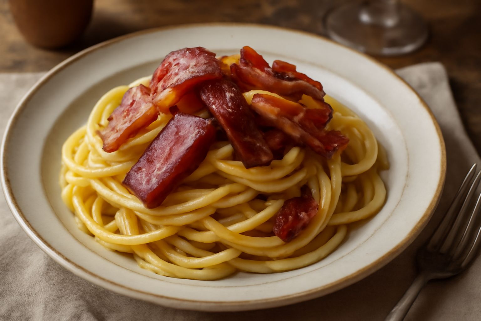 Fette di guanciale stagionato di colore rosato con striature bianche di grasso, disposte su un tagliere di legno con pepe nero macinato