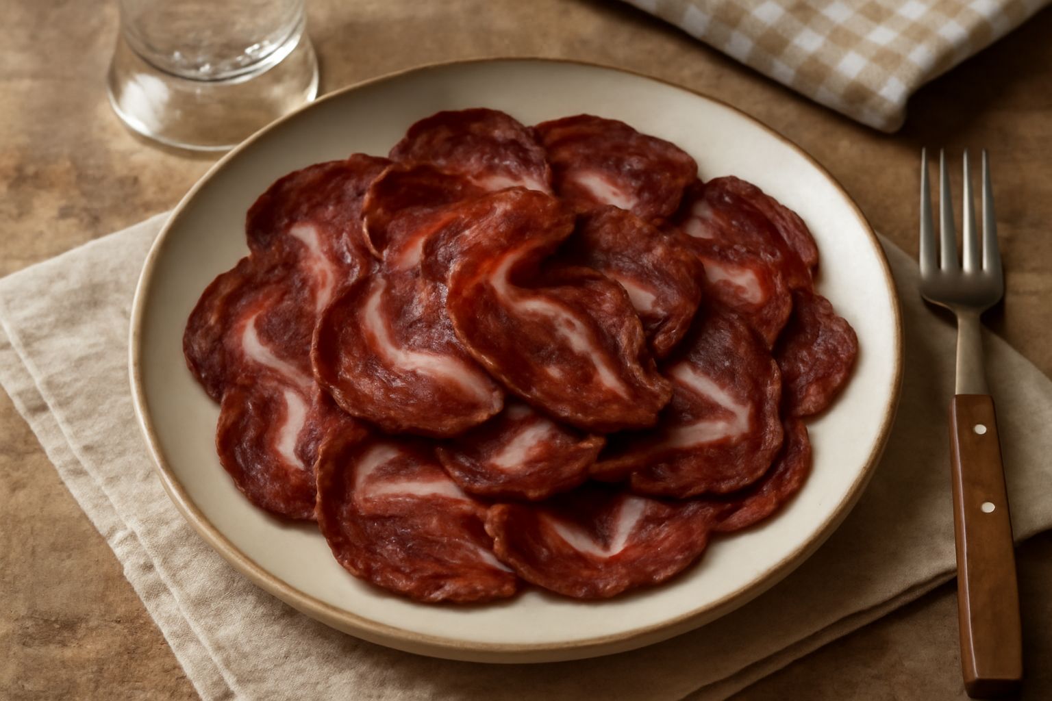 Fette di guanciale trentino rossastro-brunastro con venature di grasso bianco disposte a raggiera su un piatto bianco, con sfondo sfocato di spezie e corda per l'insaccato