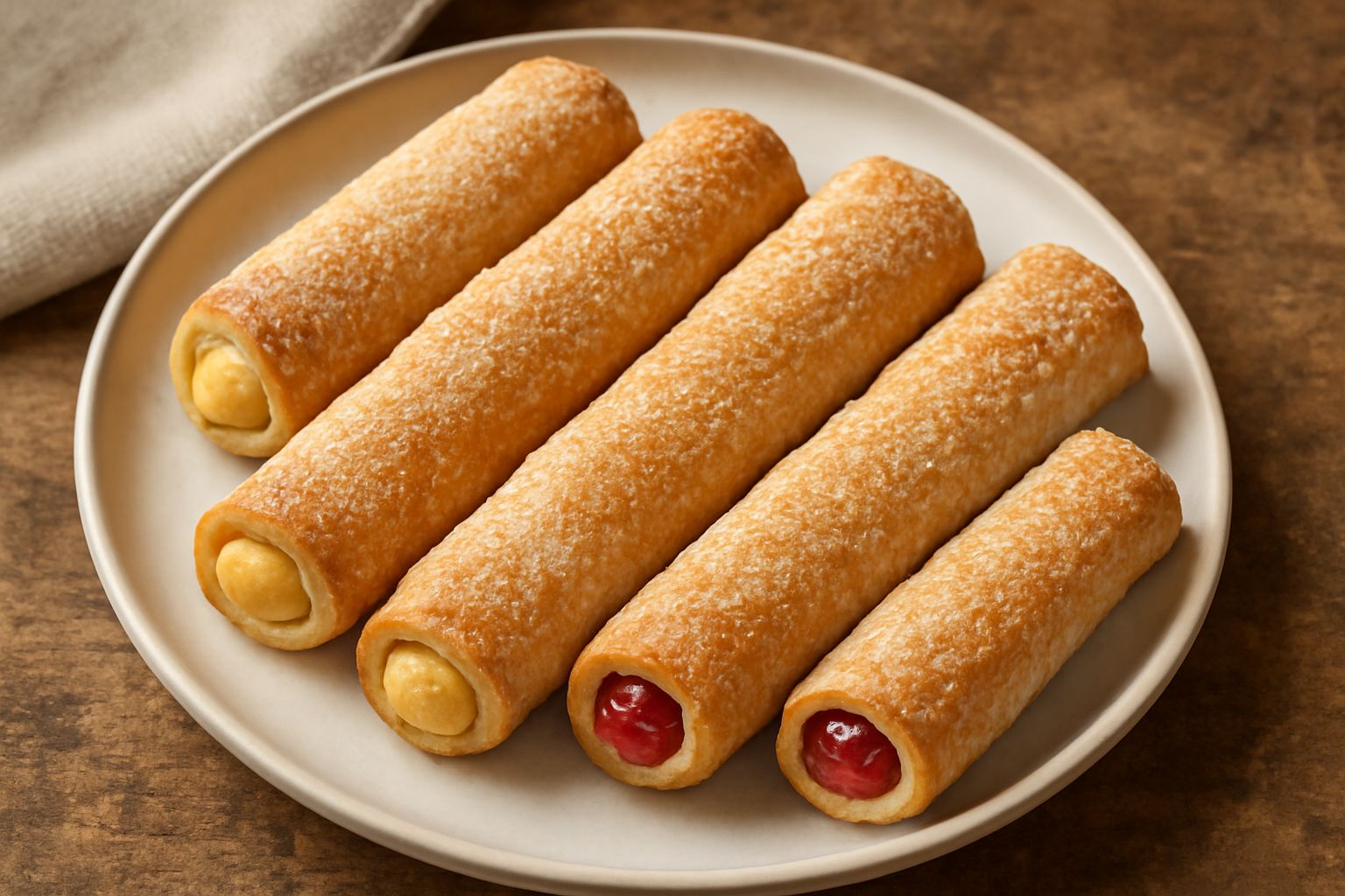 Guanti di sfoglia fritti e dorati posti su carta bianca, coperti di zucchero a velo, con interno visibile che mostra il ripieno di crema pasticcera