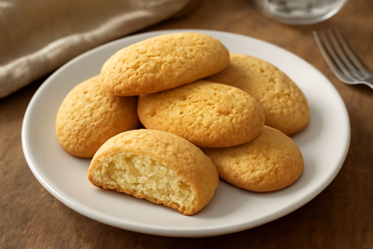 Guastelle dorate e croccanti impilate su un piatto bianco, con una tazza di caffè sfocata di lato e briciole leggere intorno
