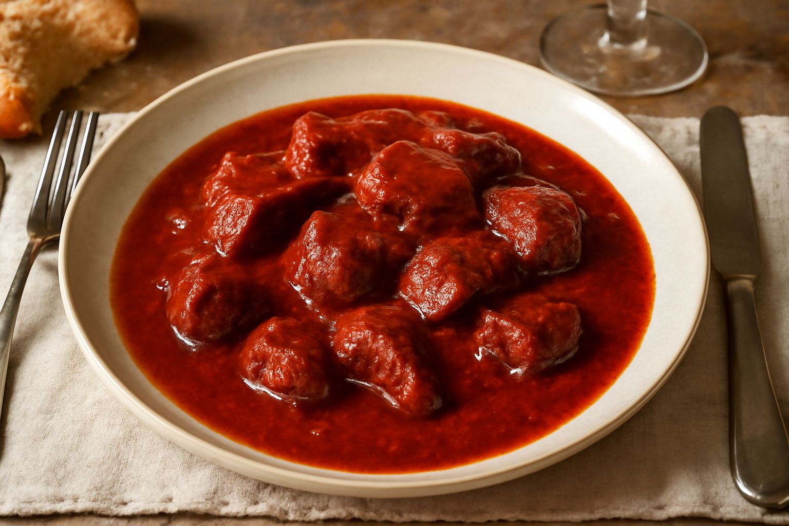 Piatto bianco con guazzetto di carne: pezzi di carne rossa morbida in sugo rosso denso, contornato da salsa lucida, cosparso di prezzemolo verde, su sfondo di legno naturale