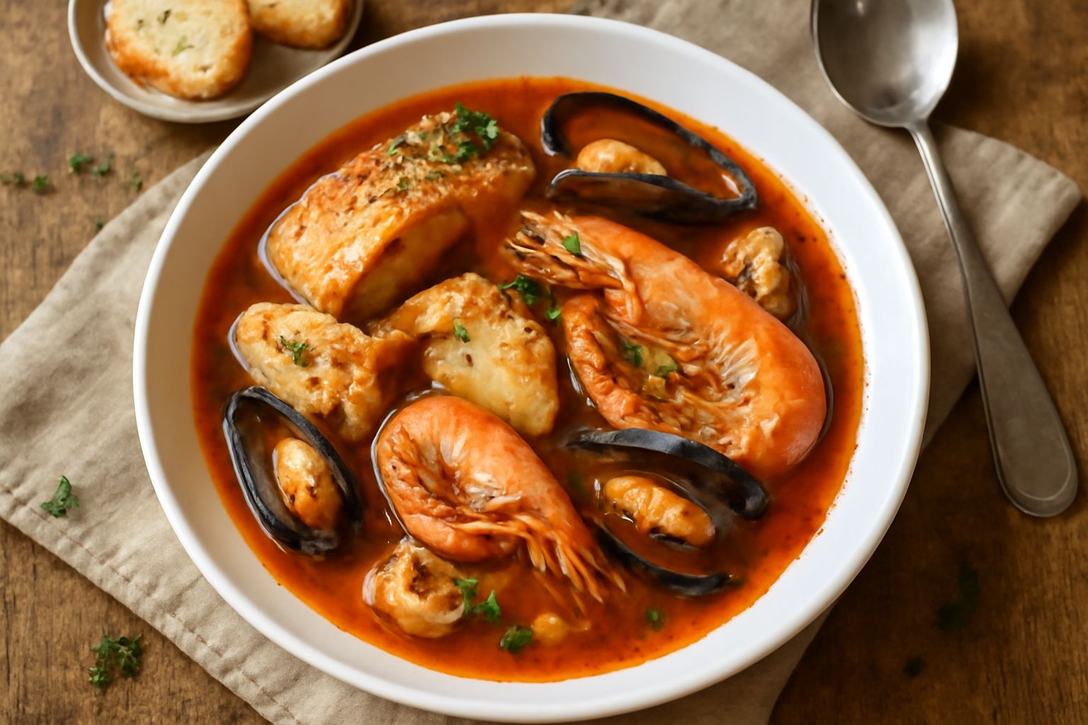 Brodetto di pesce in bianco piatto fondo con filetti di pesce bianco, vongole aperte, brodo fumante e prezzemolo verde fresco