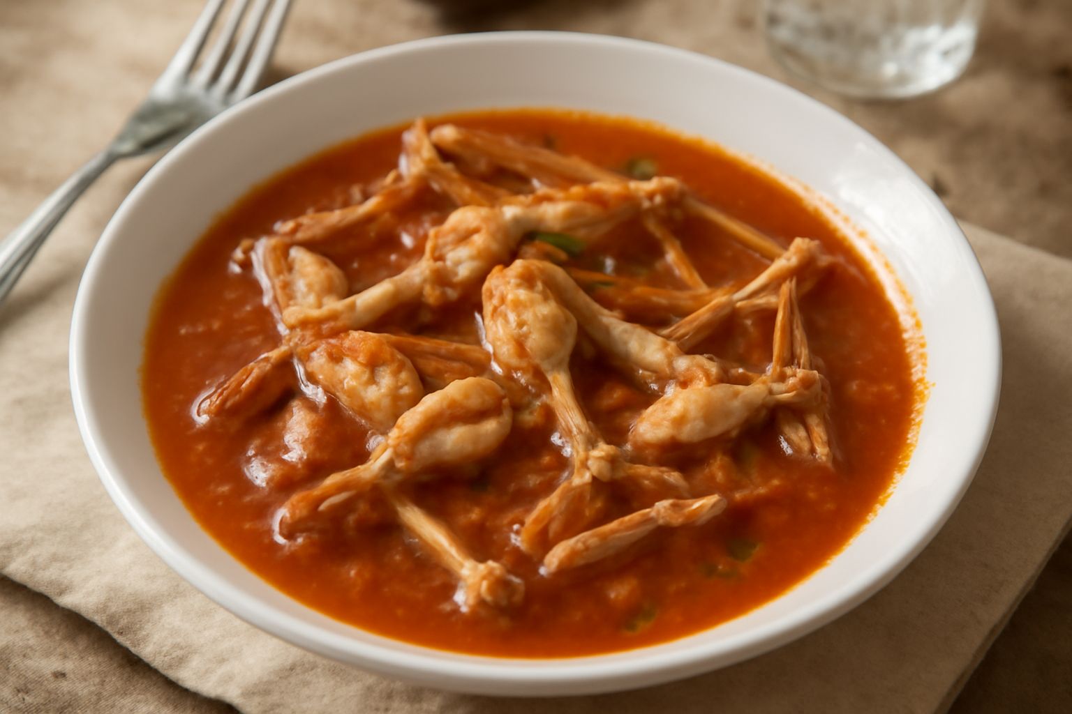 Guazzetto di rana in umido: ossa e carni di rana in brodo rosso di pomodoro con sedano, carota e prezzemolo, servito in piatto fondo bianco, contorno di polenta bianca morbida