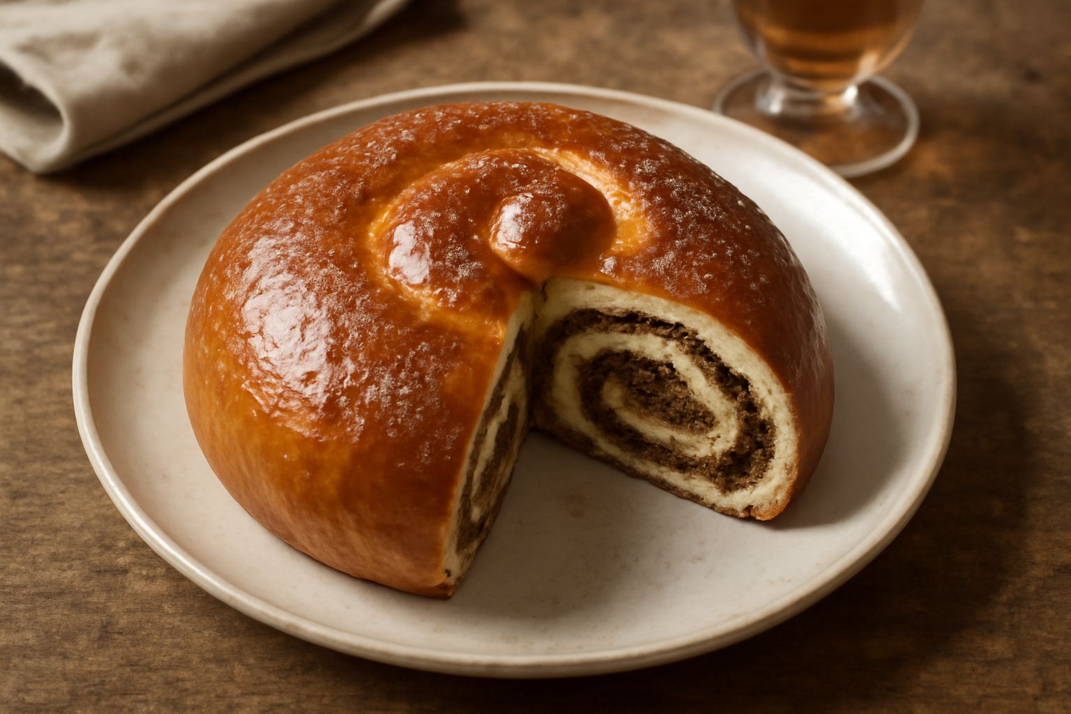 Gubana affettata che mostra la spirale di ripieno di noci e uvetta, su un piatto bianco con una tazza di caffè accanto