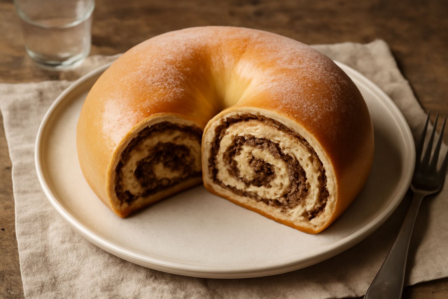 Gubana calabrese a fette su un piatto bianco, dalla forma a spirale con pasta dorata e croccante, vista dall'alto con texture visibile del ripieno di noci e frutta secca