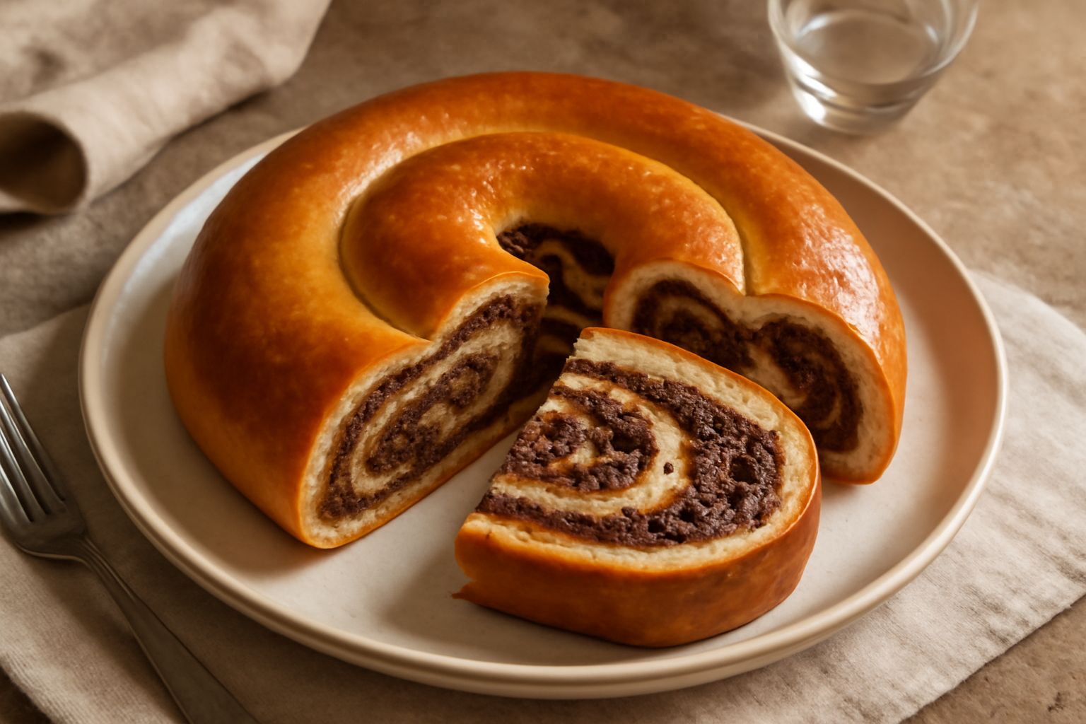Gubana ripiena tagliata in fette su un piatto bianco, impasto color oro con spirale di ripieno marrone scuro visibile al taglio, superficie lucida e fragrante
