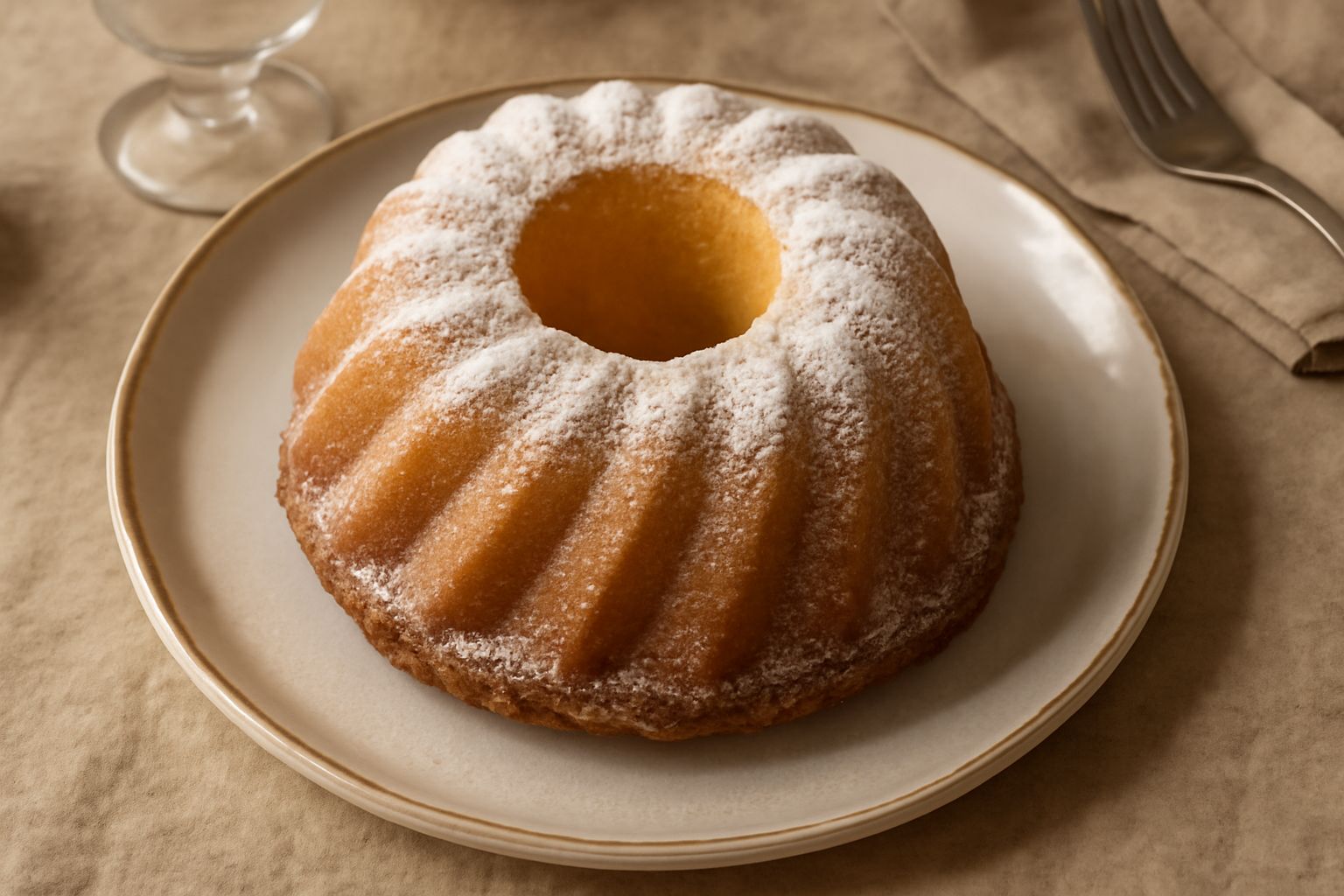 Gugelhupf dorato e scanalato su un piatto di ceramica bianca, con candela accesa, polvere di zucchero sulla sommità, sfondo grigio morbido