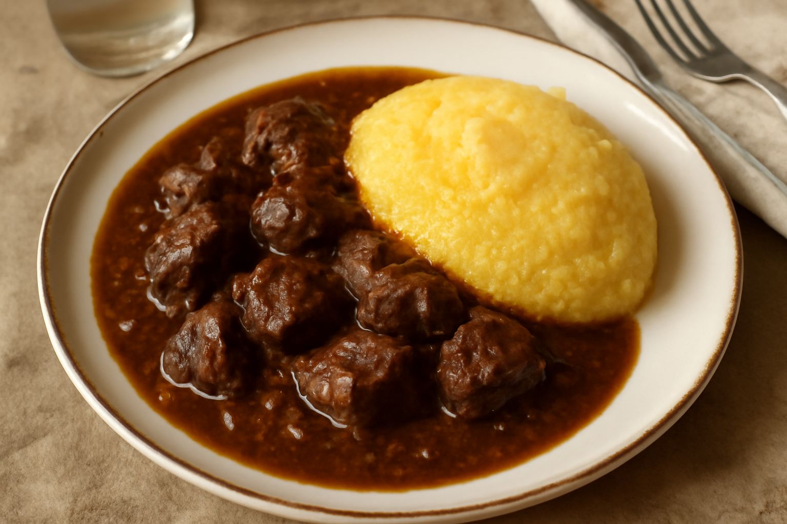 Gulasch bergamasco in pentola di terracotta: pezzi di manzo scuri in salsa marrone scura, cipolla bionda, contorno di polenta morbida gialla, vapore caldo, piatto rustico di stoviglie grigie