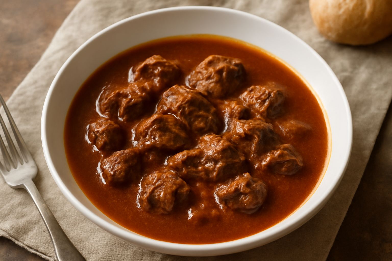 Piatto di gulasch friulano con cubetti di manzo rosso scuro e cipolla stracotta, cremoso nel fondo, fumante, con panna acida bianca in superficie, servito in ciotola ceramica con pane tostato accanto