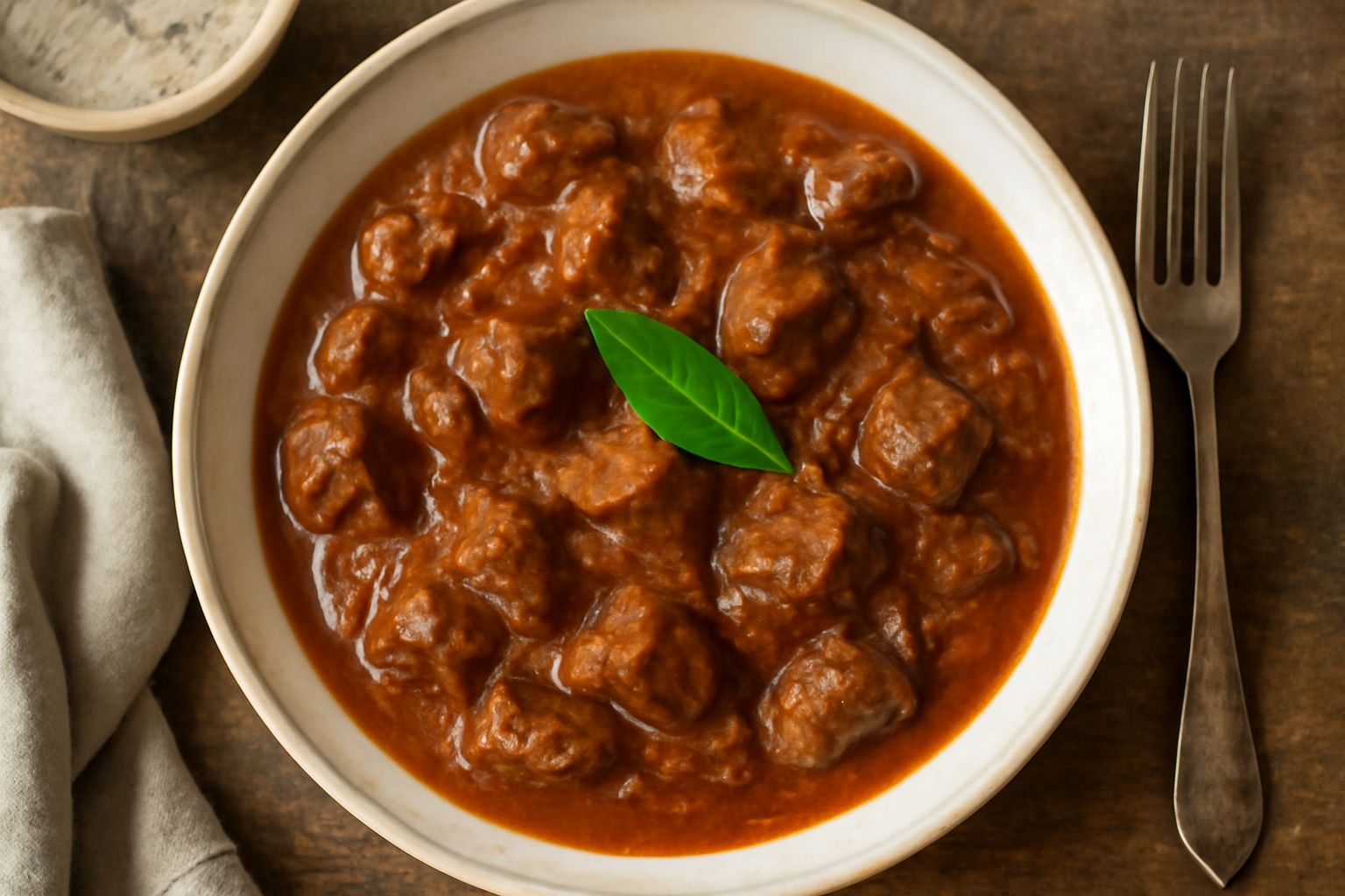 Stufato di manzo marrone scuro in umido denso, pezzetti di carne morbida, cipolle caramellate, servito in piatto bianco fondo con pane tostato accanto