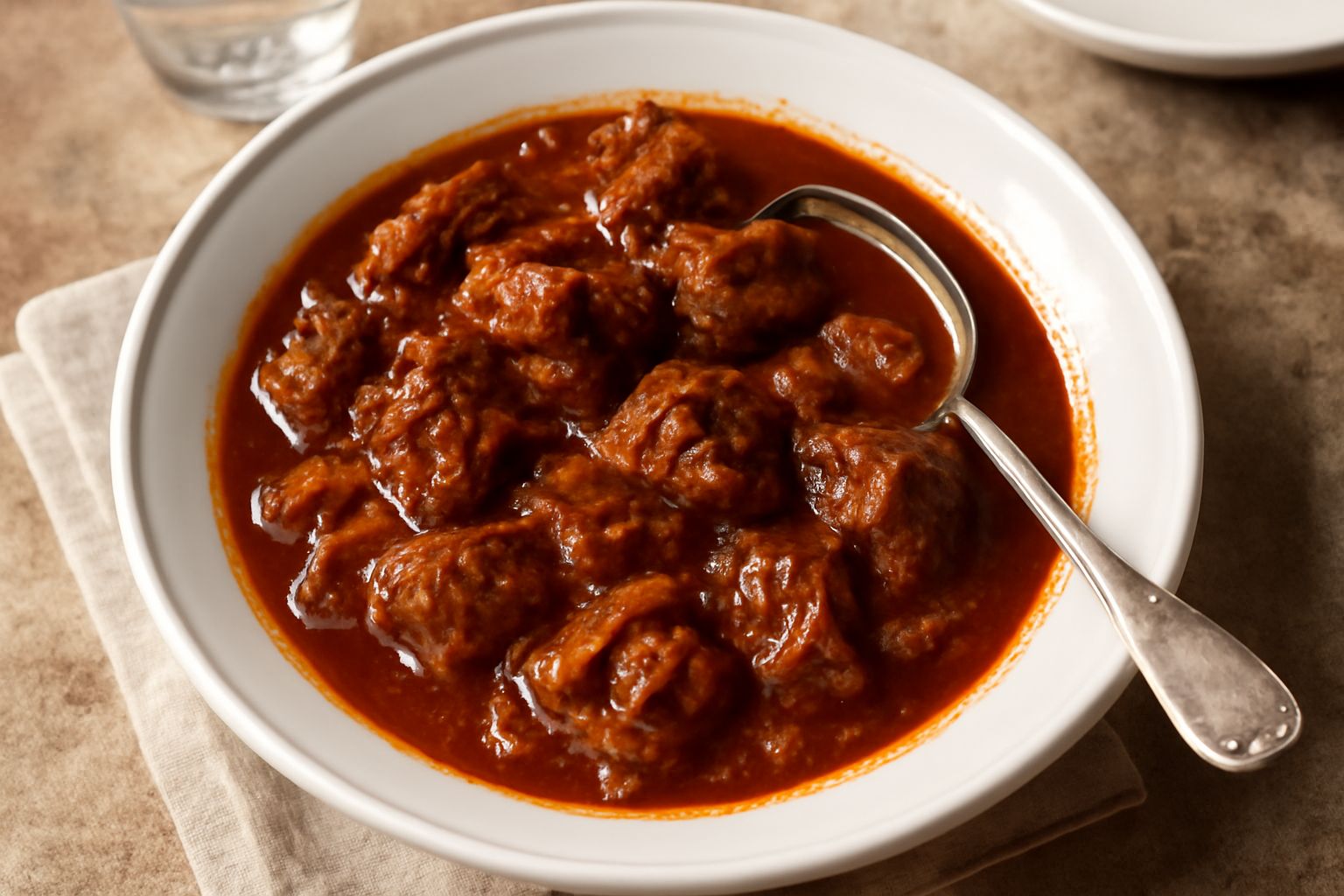Gulasch trentino in ciotola di ceramica bianca, carne rossa scura e tenera immersa in brodo ricco di colore rosso-marrone, guarnito con prezzemolo fresco, pane tostato ai lati del piatto