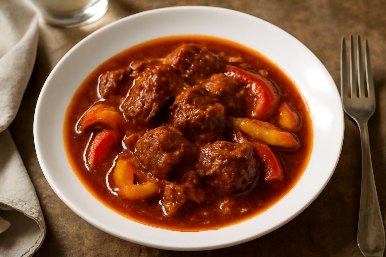 Gulasch triestino in una ciotola di ceramica bianca: pezzi di manzo rosso-marrone in salsa densa, peperoni rossi e gialli morbidi, cipolla sciolta, profumo di paprika visibile dal colore e dalla densi