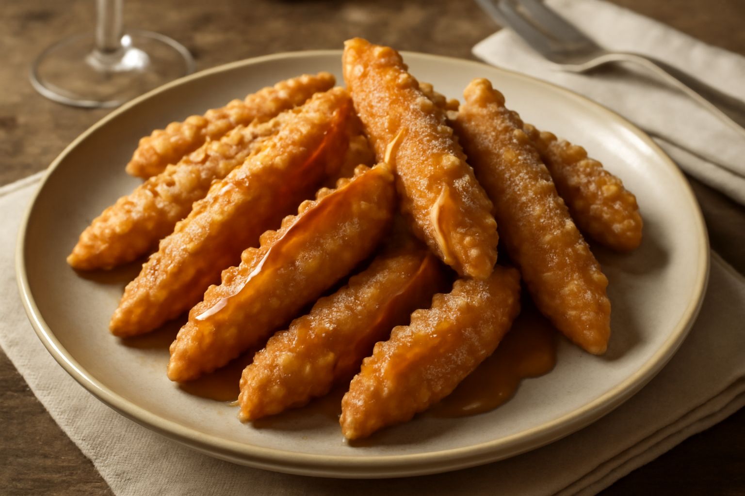 Guspighe dorate e croccanti disposte su un piatto bianco, cosparsi di zucchero semolato, con un filo di miele che scorre sul lato, accanto a cannella e anice stellato