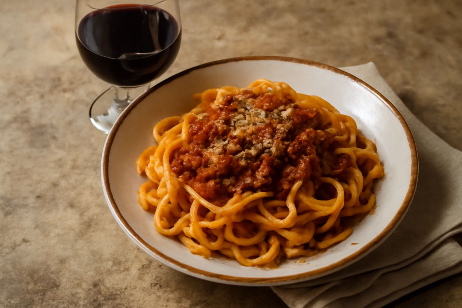 Bicchiere di vino Gutturnio color rosso rubino con riflessi granato, servito su tavolo di legno chiaro, accanto a una bottiglia di vetro scuro etichettata, con grappoli d'uva rossa e foglie verdi sull