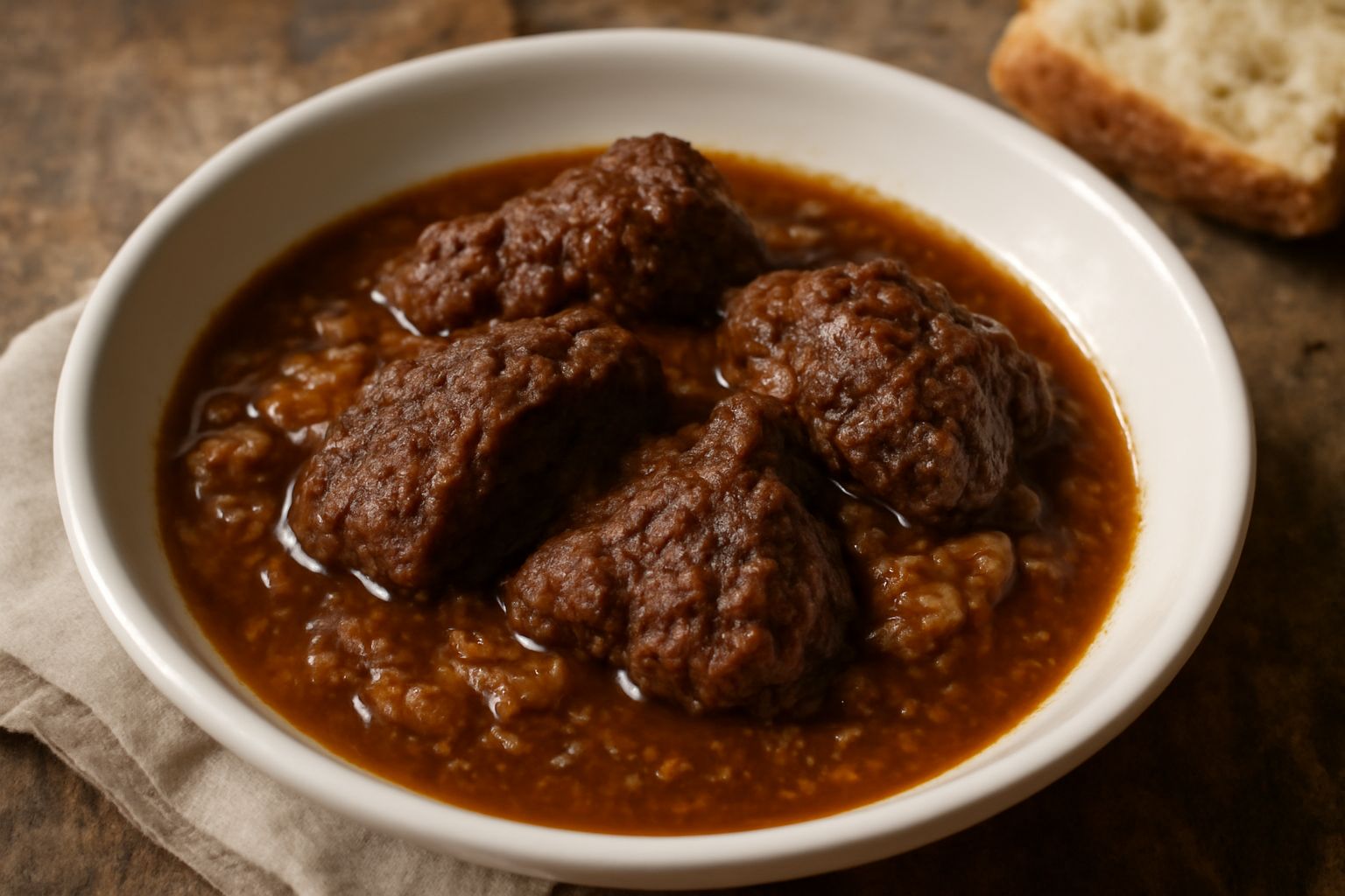 Guveneddu in piatto fondo bianco, stufato di carne scura in salsa marrone, cipolla caramellata visibile, vapore caldo, pane scuro sullo sfondo