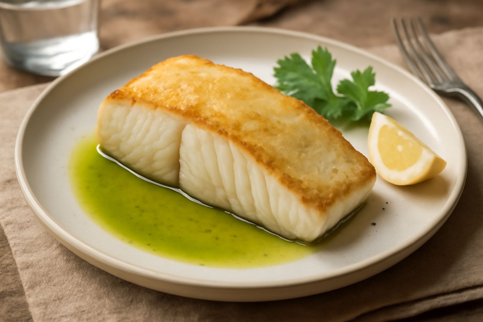Filetto di halibut dorato al forno in piatto bianco, contornato da fettine di limone, rosmarino fresco e olio d'oliva, accompagnato da verdure grigliate
