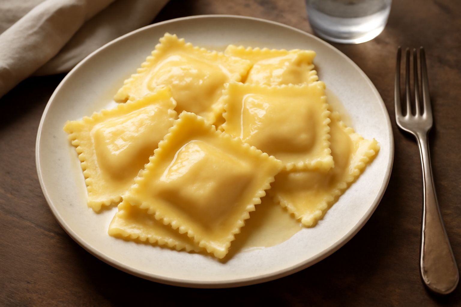 Quadrati di pasta gialla, sottili e delicati, riempiti di ricotta e verdure, impiattati in un piatto bianco con burro fuso e parmigiano grattugiato