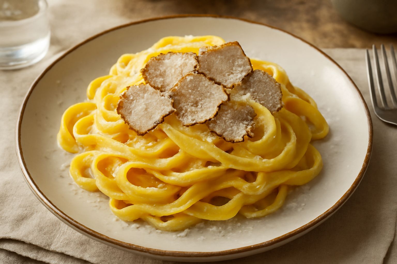 Tagliatelle fresche all'uovo dorate condite con scaglie di tartufo nero lucide su un piatto bianco, burro fuso, parmigiano grattugiato e quelche foglia di prezzemolo verde scuro