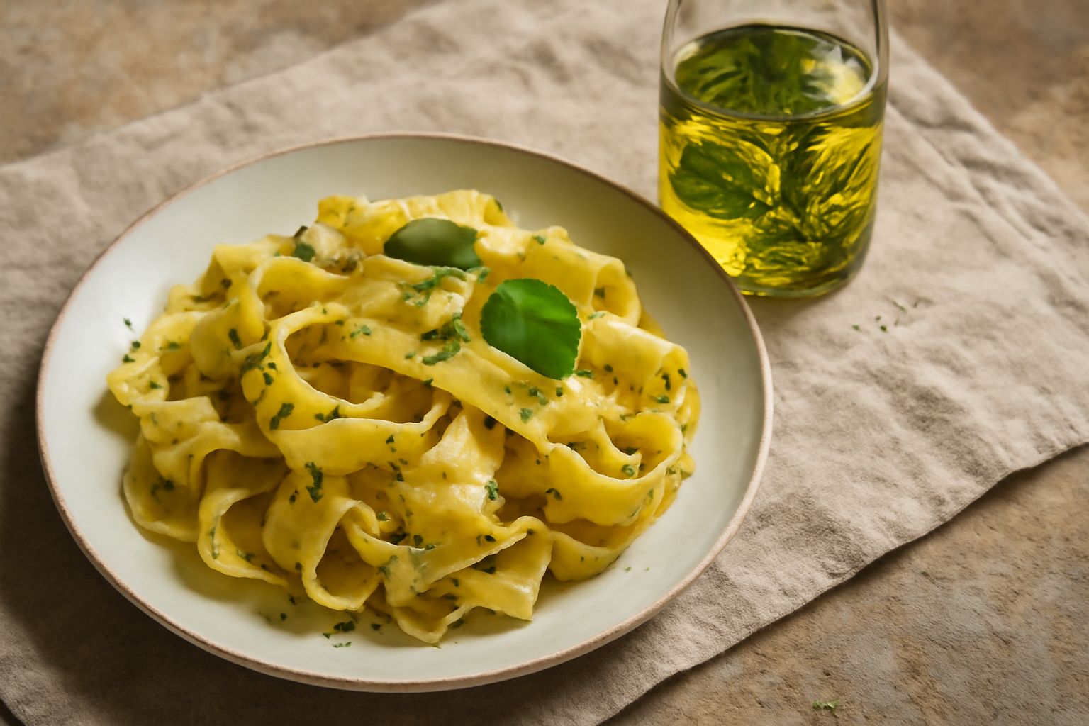 Bottiglia di vetro trasparente con olio giallo dorato e rametti di rosmarino e timo freschi dentro, su una base di marmo bianco con luce naturale