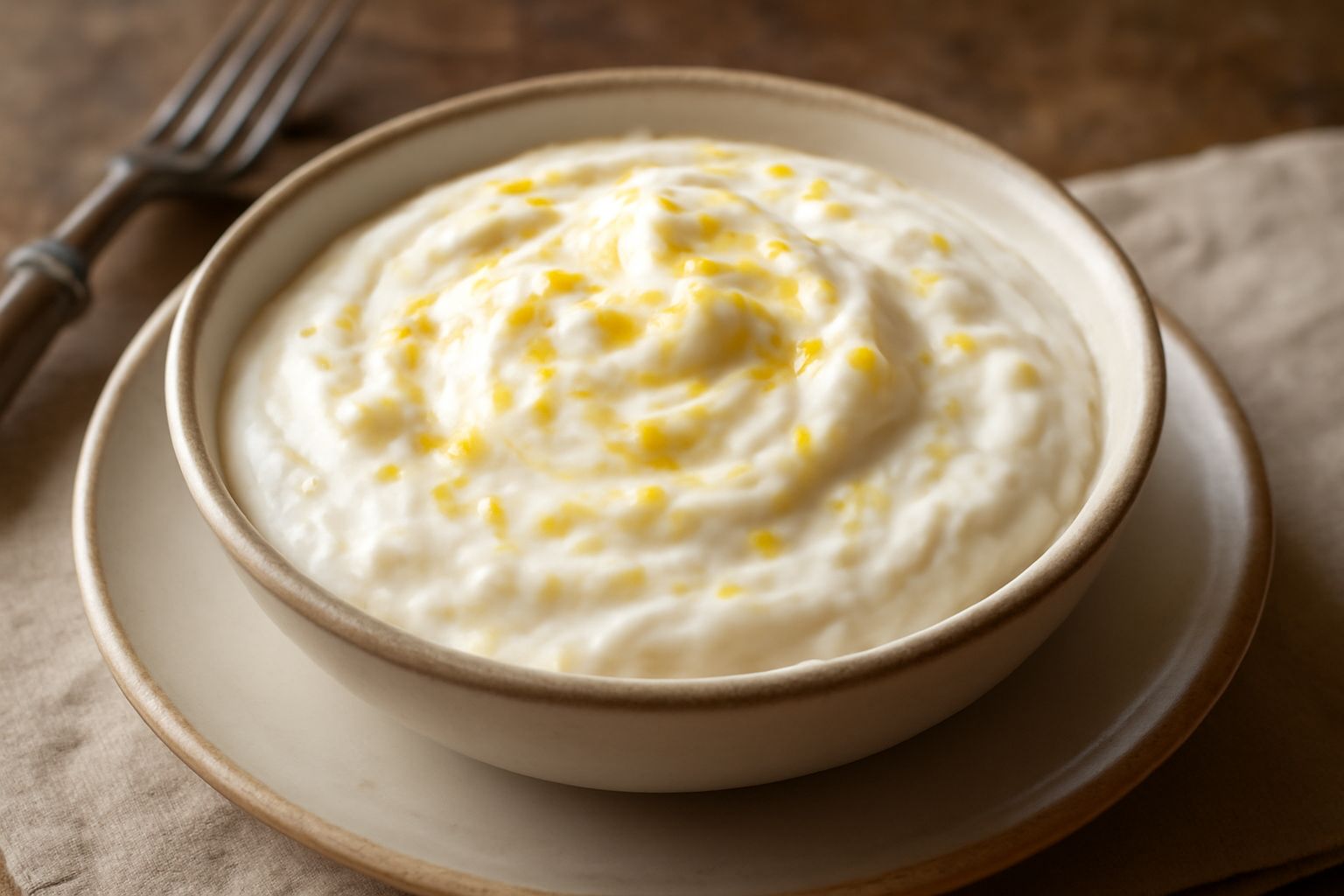 Ciotola bianca con crema di rafano densa, tracce gialle di radice grattugiata visibili, servita con cucchiaio di legno, su tavolo di legno chiaro con peperoni neri e rami di prezzemolo fresco