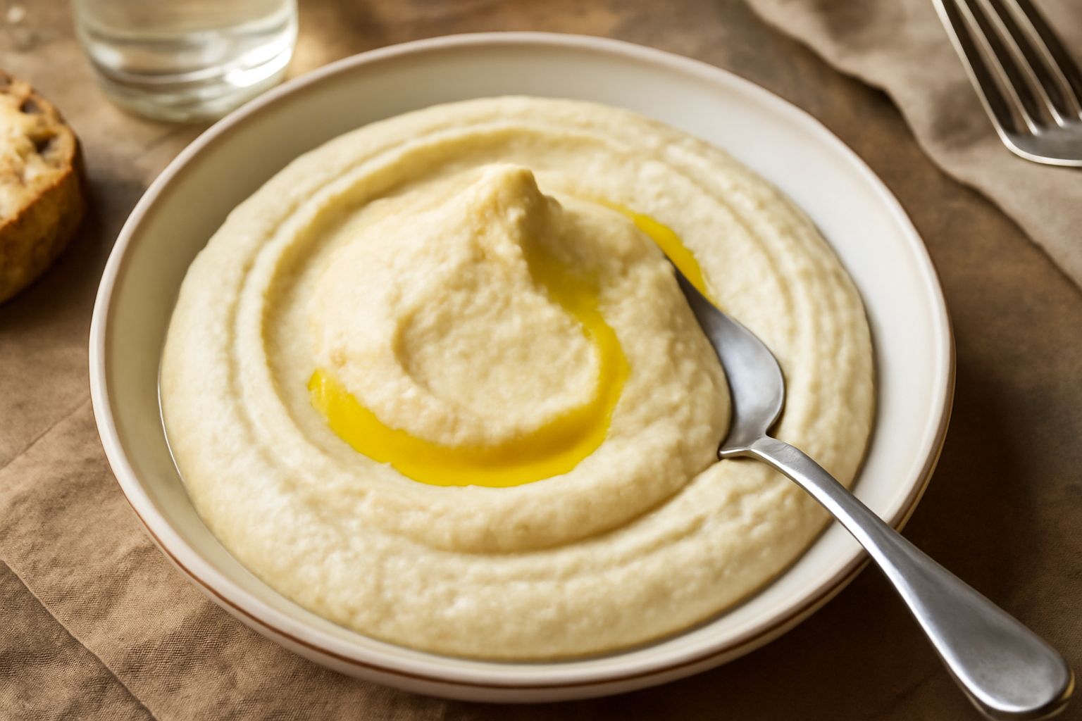 Una ciotola di ceramica bianca contiene hummus di ceci toscano dal colore bianco crema, con un solco di olio verde al centro, circondato da ceci sparsi e una rametto di rosmarino fresco