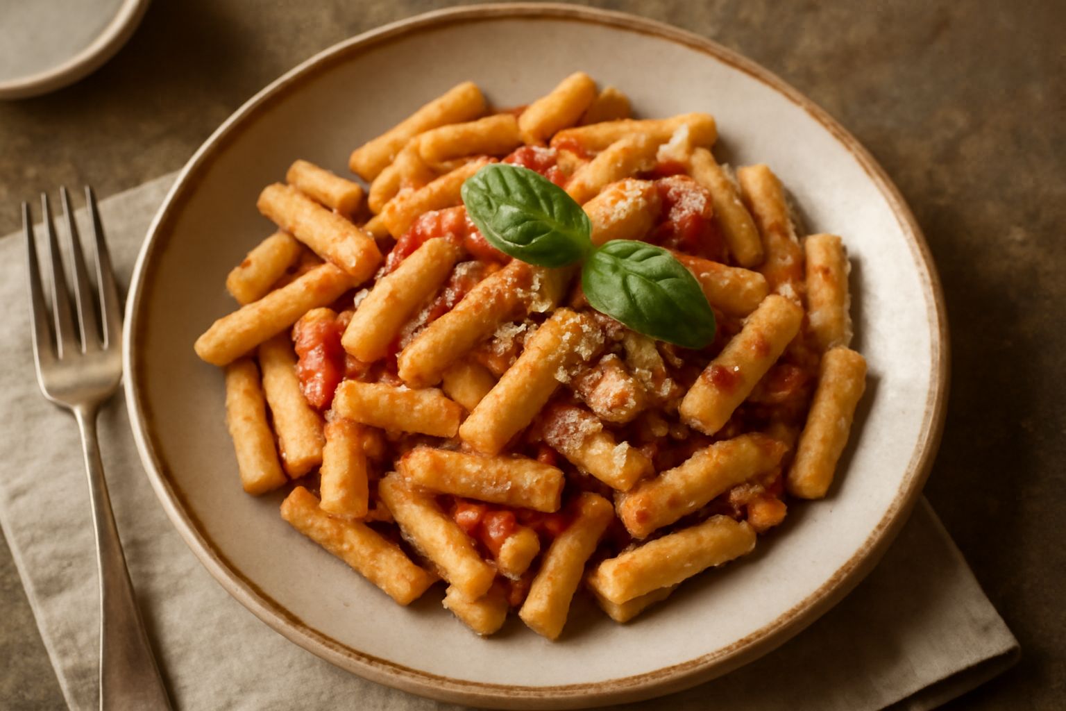 Peducci di pasta fresca, di colore giallo paglierino, irregolari e di varie lunghezze, disposti su un piatto bianco accanto a un cucchiaio di legno