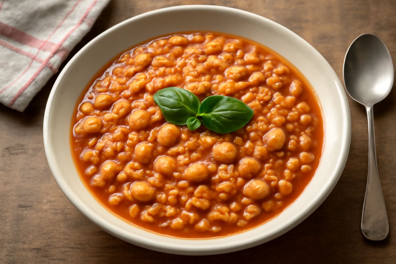 Imbrecciada servita in un piatto bianco, pasta corta e fagioli bianchi in brodo di pomodoro con basilico fresco, prezzemolo e gocce di olio d'oliva
