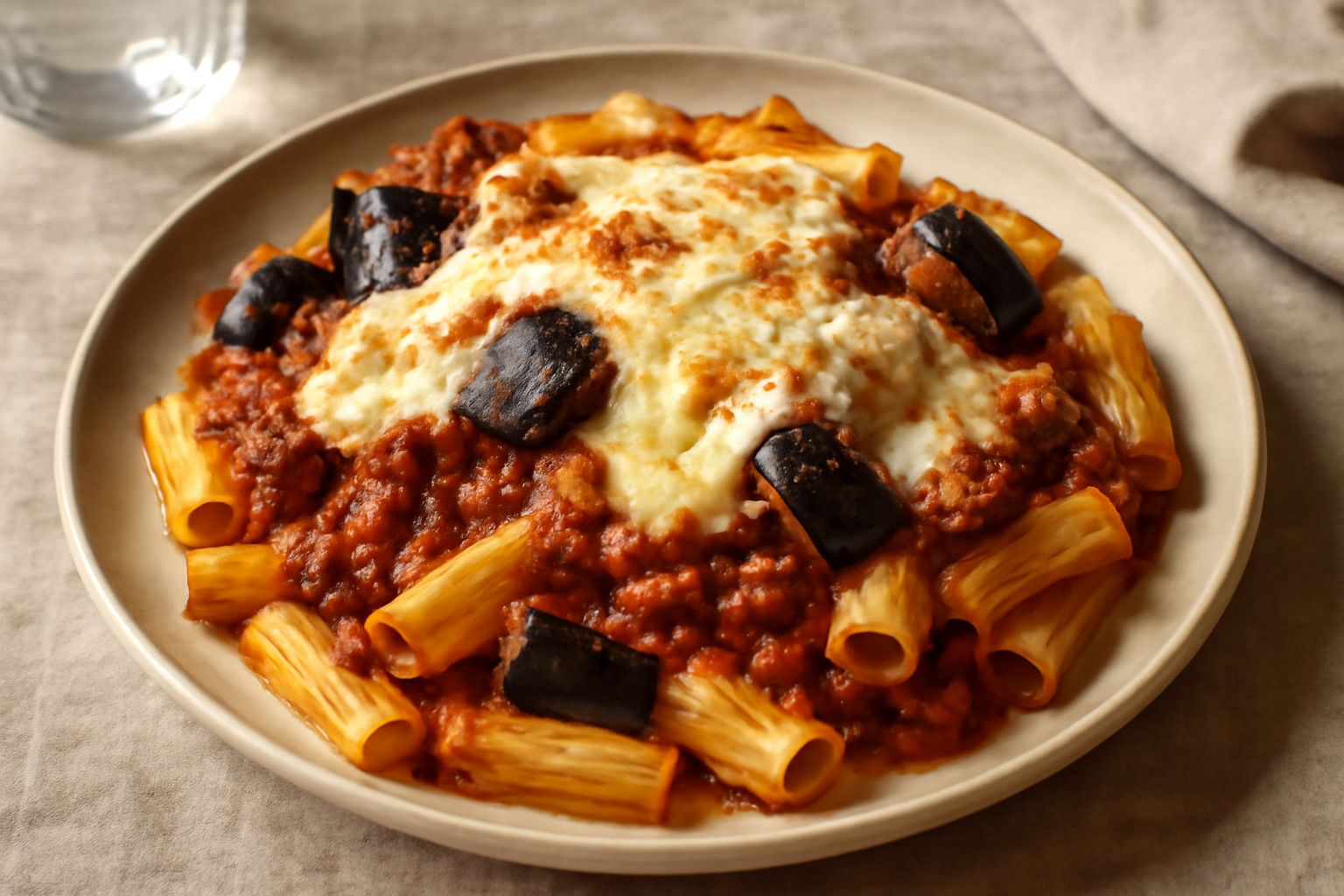 Piatto di imburiada con pasta rigatoni ricoperta di melanzane scure, ragù rosso, mozzarella filante bianca e parmigiano grattugiato, in un piatto bianco fondo su tavolo di legno