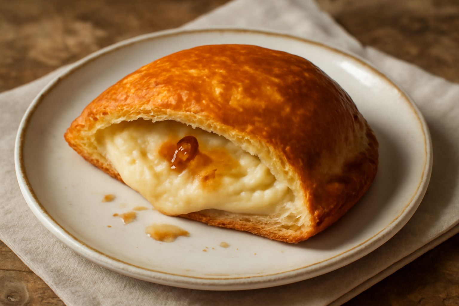 Impanada trapanese dorata con sfoglia croccante, tagliata in due metà per mostrare il ripieno di crema pasticcera cremosa con vaniglia, su piatto bianco